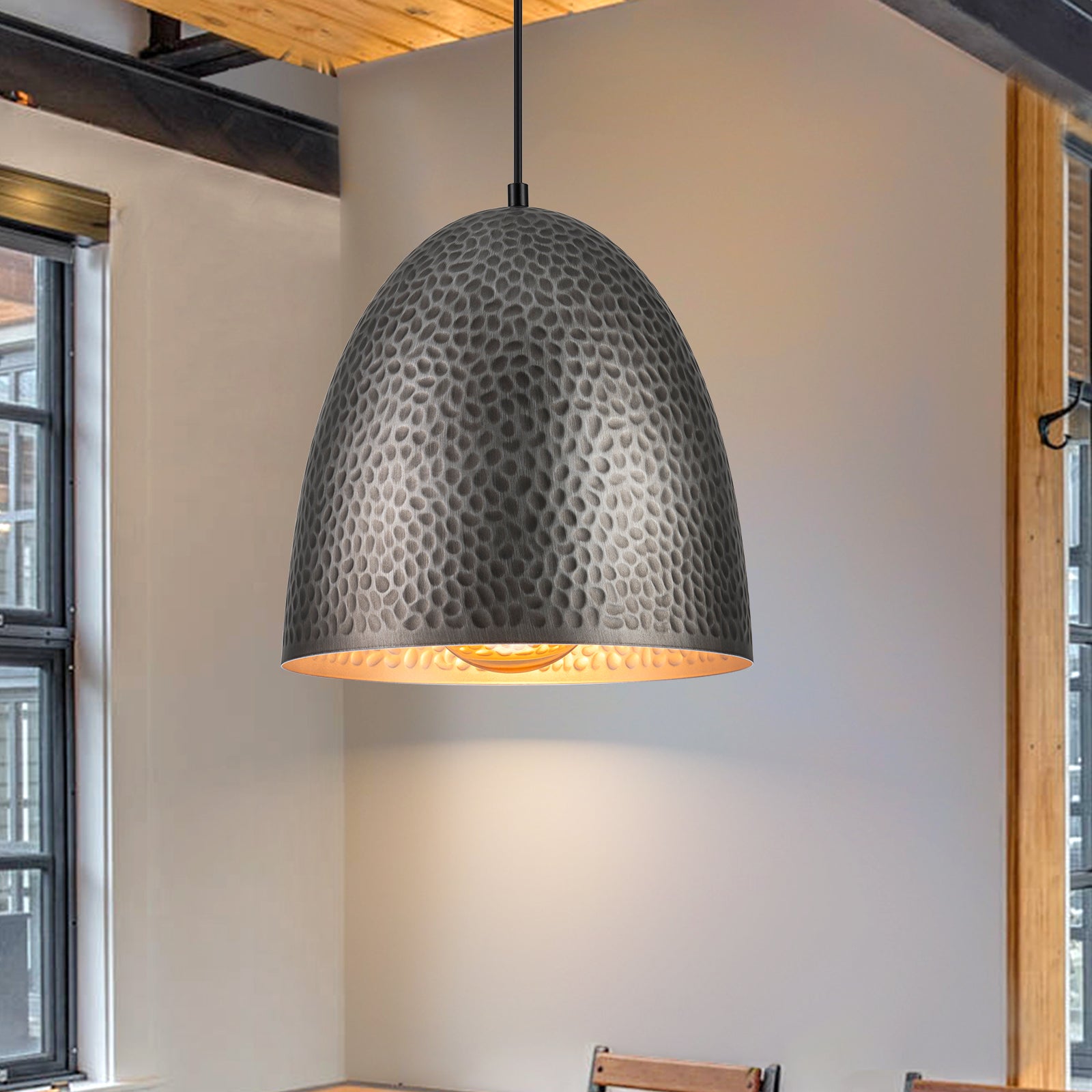 Glowlings 1-Light Industrial Silver Hammered Dome Pendant Light For Kitchen Island