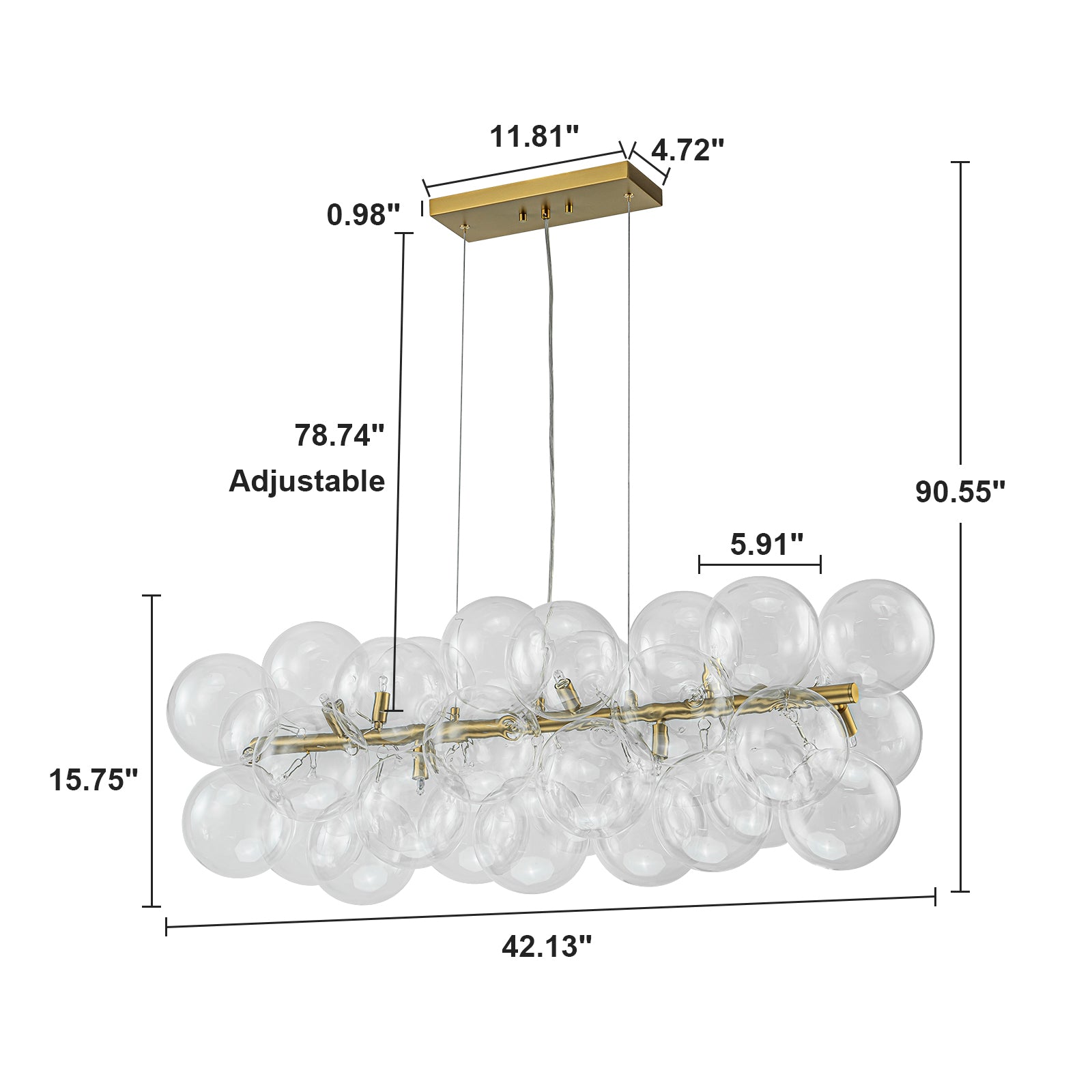 Glowlings 10-flammiger moderner 42" breiter großer linearer Kronleuchter aus klarem Kugelglas