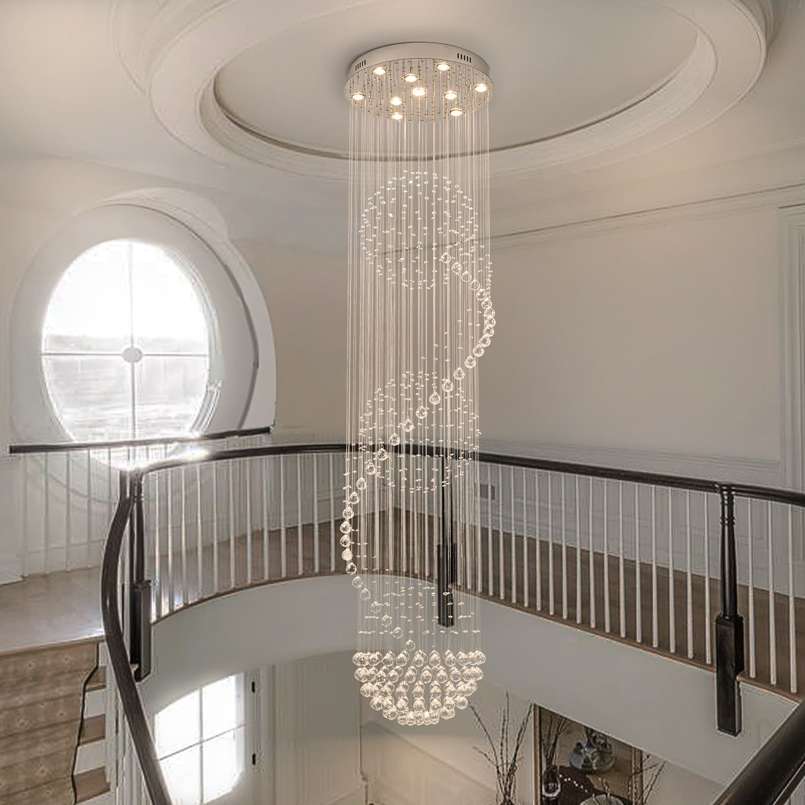 Glowlings 10-flammiger, 248,9 cm hoher, moderner Chrom-Spiralkugel-Regentropfen-Kristall-Foyer-Kronleuchter für hohe Decken