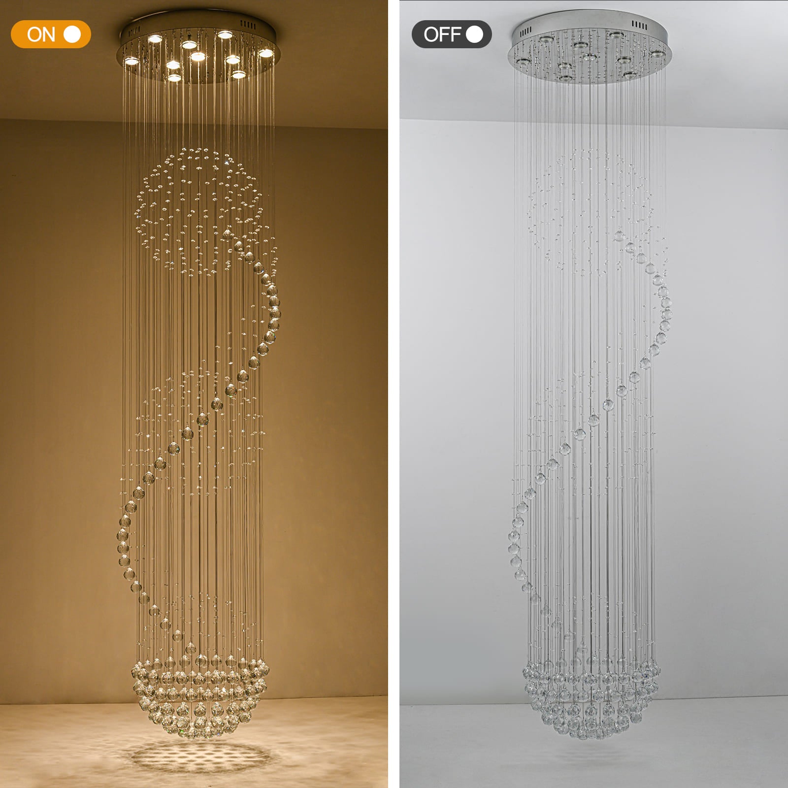 Glowlings 10-flammiger, 248,9 cm hoher, moderner Chrom-Spiralkugel-Regentropfen-Kristall-Foyer-Kronleuchter für hohe Decken