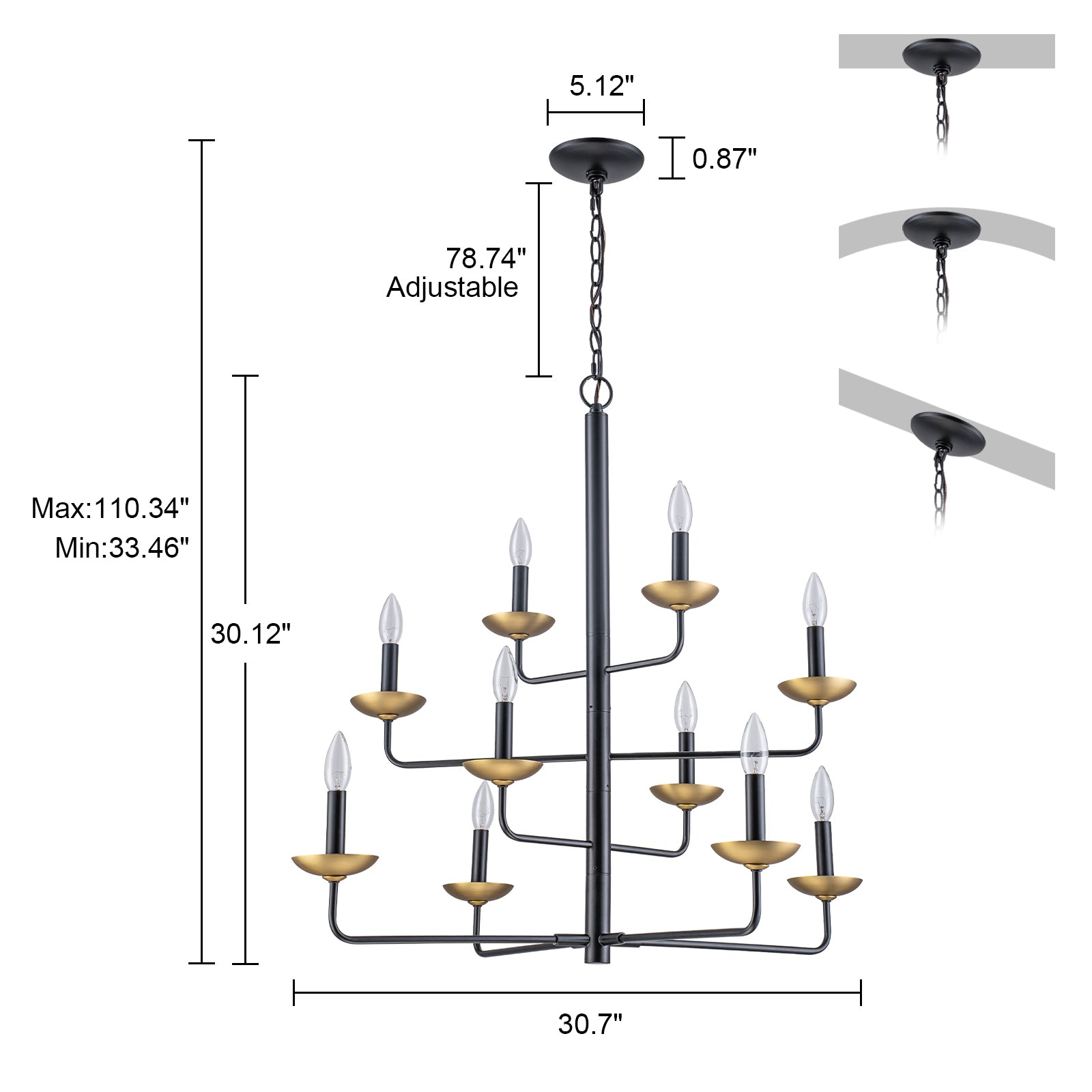 Glowlings 10-Light Classical 31"Wide Large 4-Tied Black&Gold Candle Style Chandelier