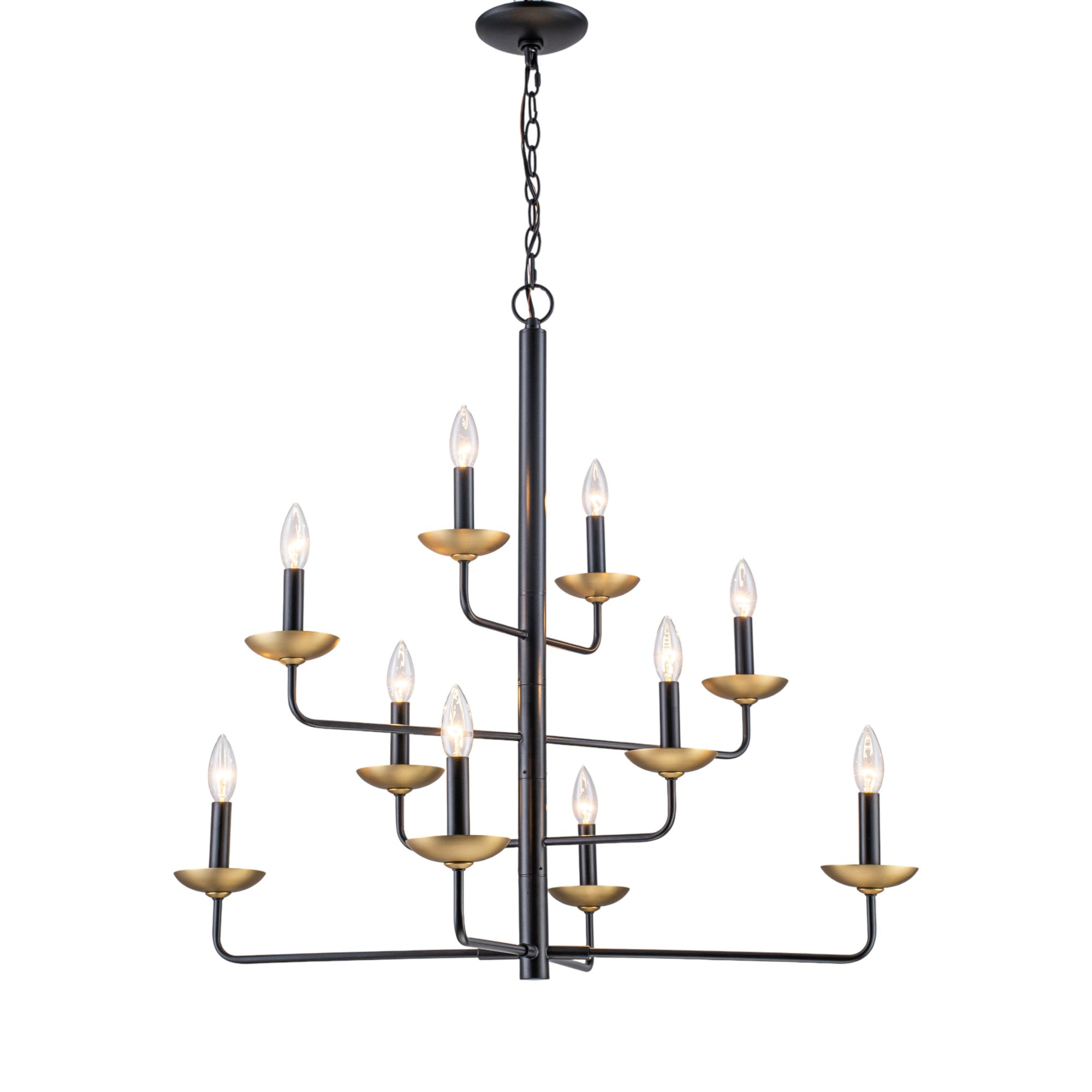 Glowlings 10-Light Classical 31"Wide Large 4-Tied Black&Gold Candle Style Chandelier