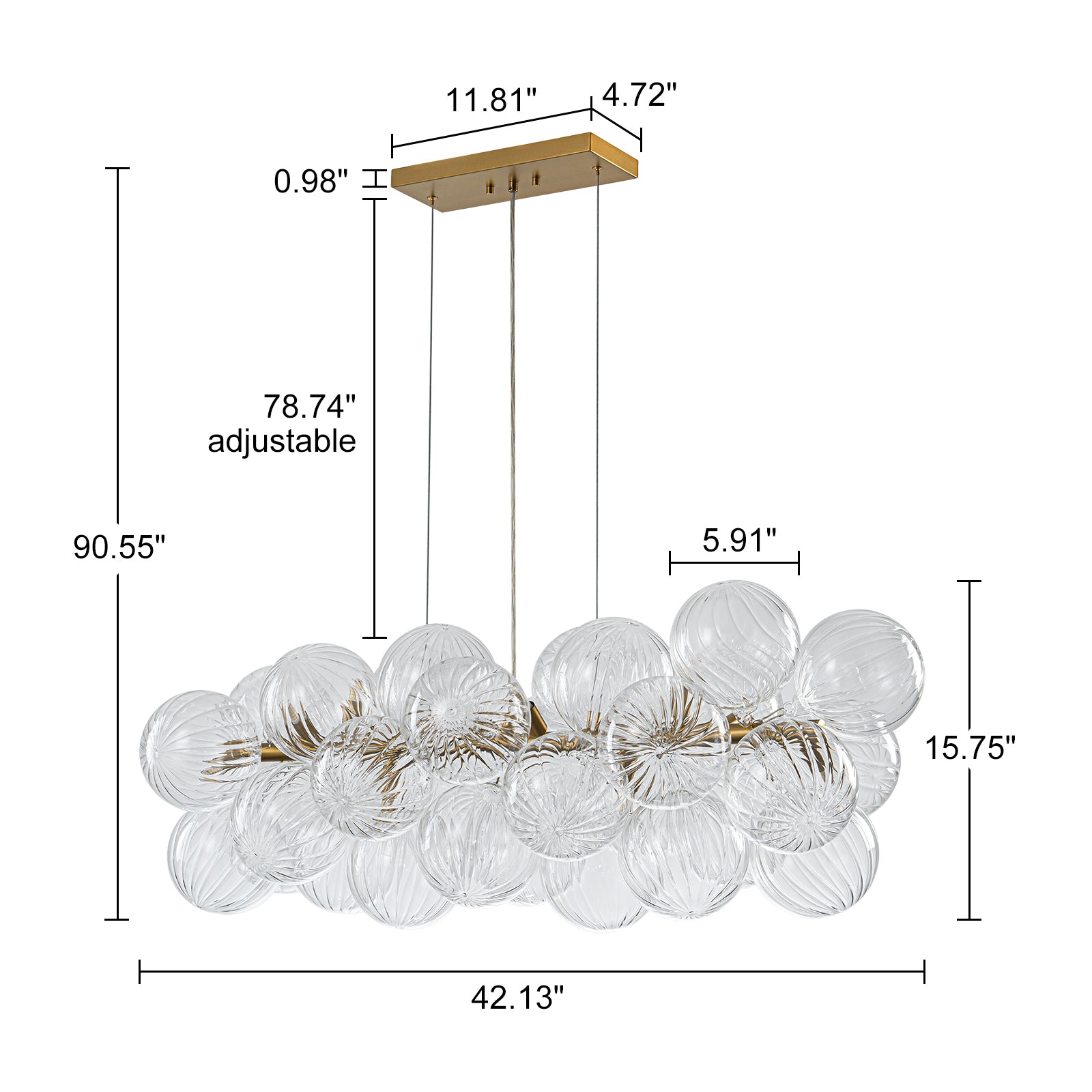 Glowlings 10-Light Modern 42"Wide Large Brass Linear Globe Ribbed Swirled Glass Chandelier