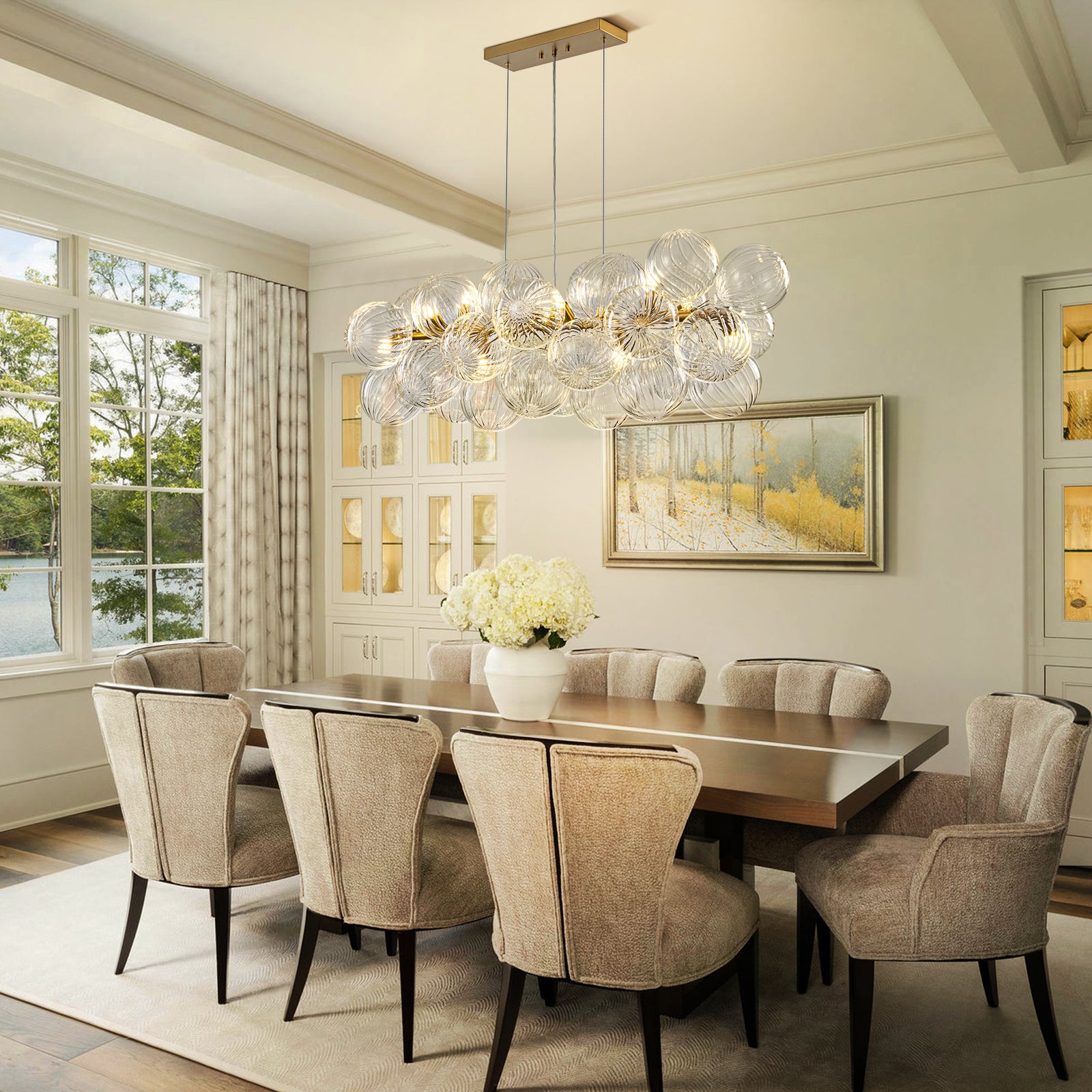 Glowlings 10-flammiger moderner 42" breiter großer linearer Messing-Kugel-Kronleuchter mit geripptem Wirbelglas