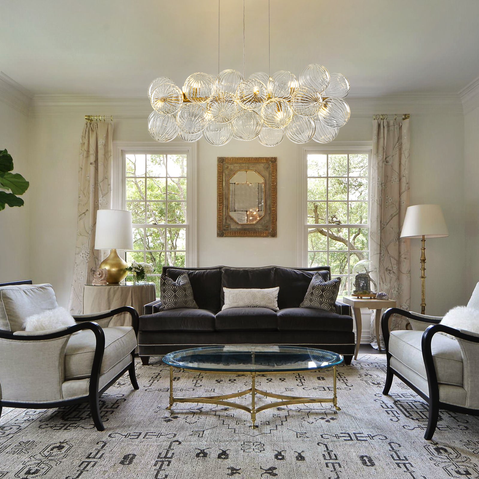 Glowlings 10-flammiger moderner 42" breiter großer linearer Messing-Kugel-Kronleuchter mit geripptem Wirbelglas