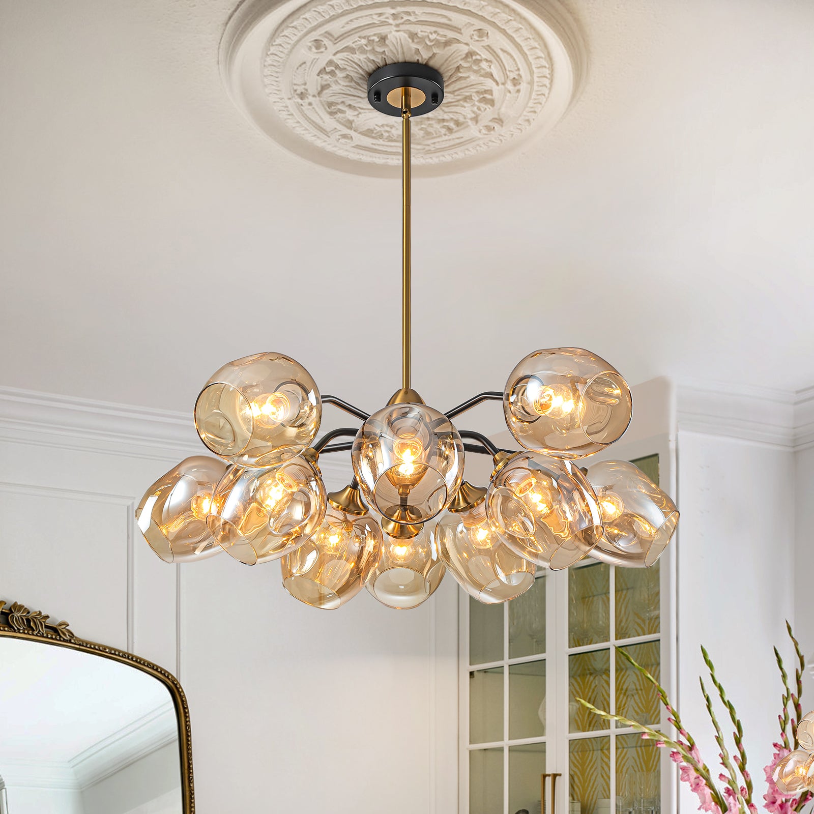 Glowlings 10-Light Modern 35"Wide Large Sputnik Amber Glass Chandelier