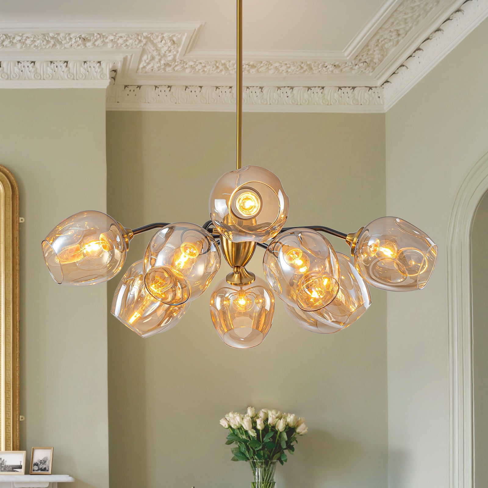 Glowlings 10-Light Modern 35"Wide Large Sputnik Amber Glass Chandelier