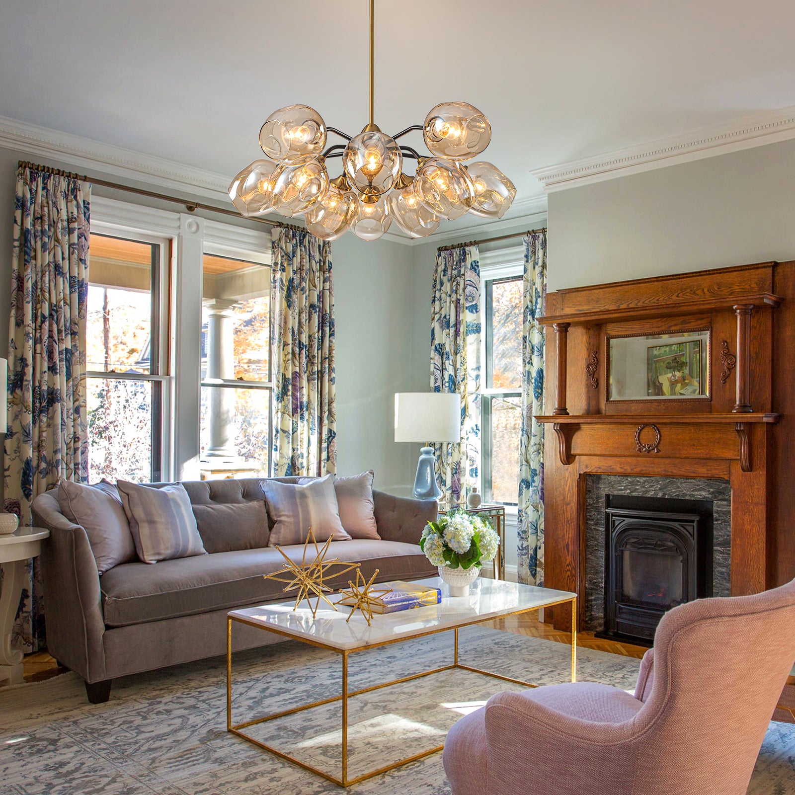 Glowlings 10-Light Modern 35"Wide Large Sputnik Amber Glass Chandelier