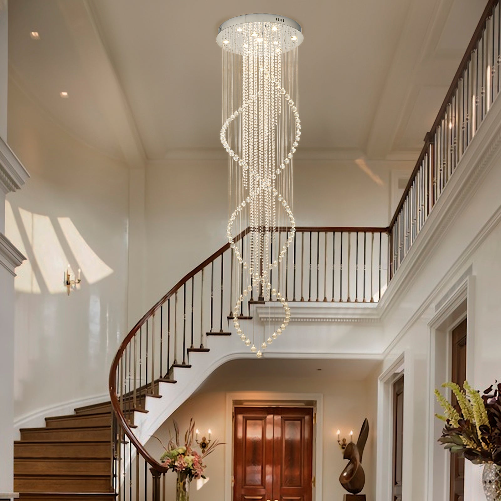 Glowlings 10-Light 98"H Luxury Double Spiral Raindrop Crystal Foyer Chandelier For High Ceilings