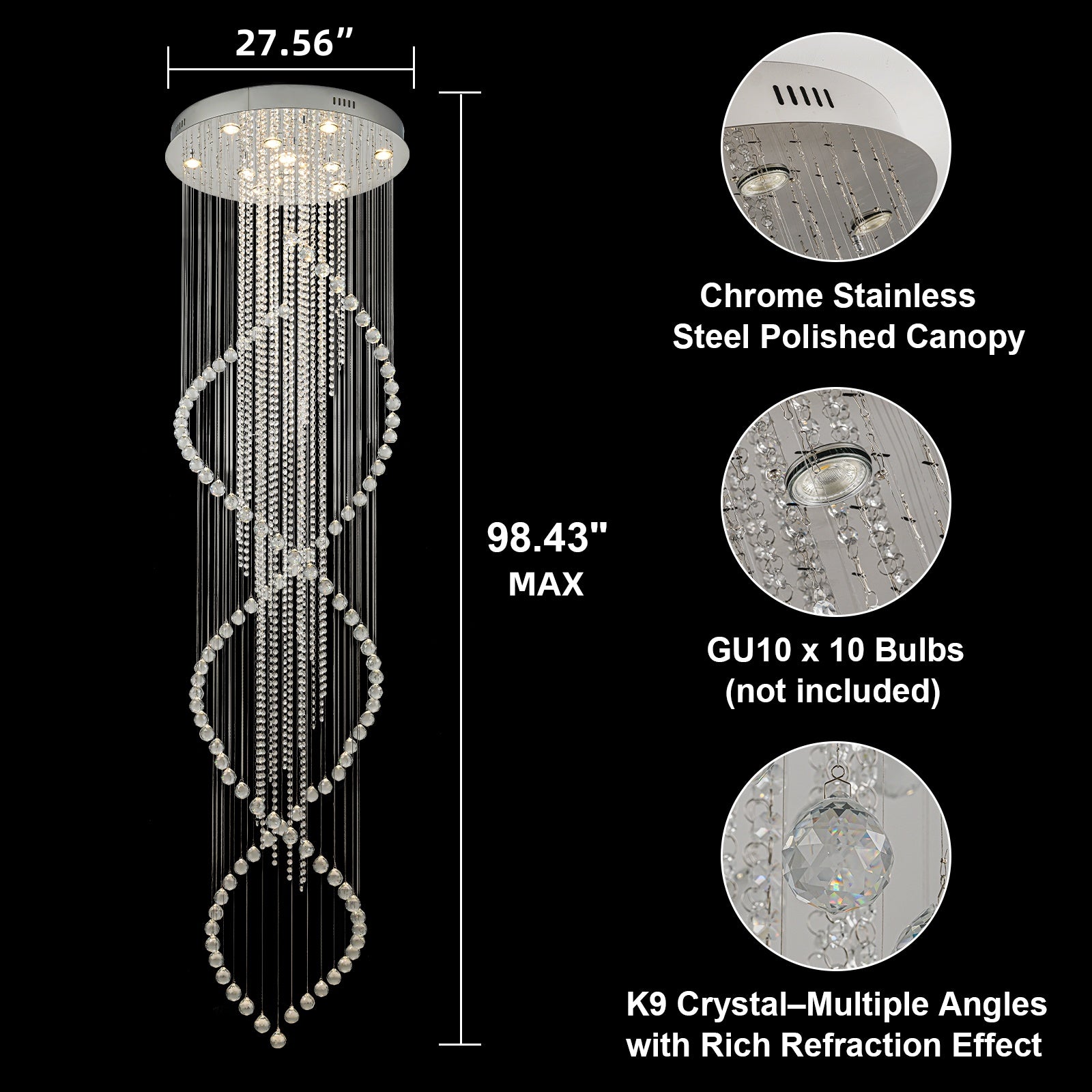Glowlings 10-Light 98"H Luxury Double Spiral Raindrop Crystal Foyer Chandelier For High Ceilings