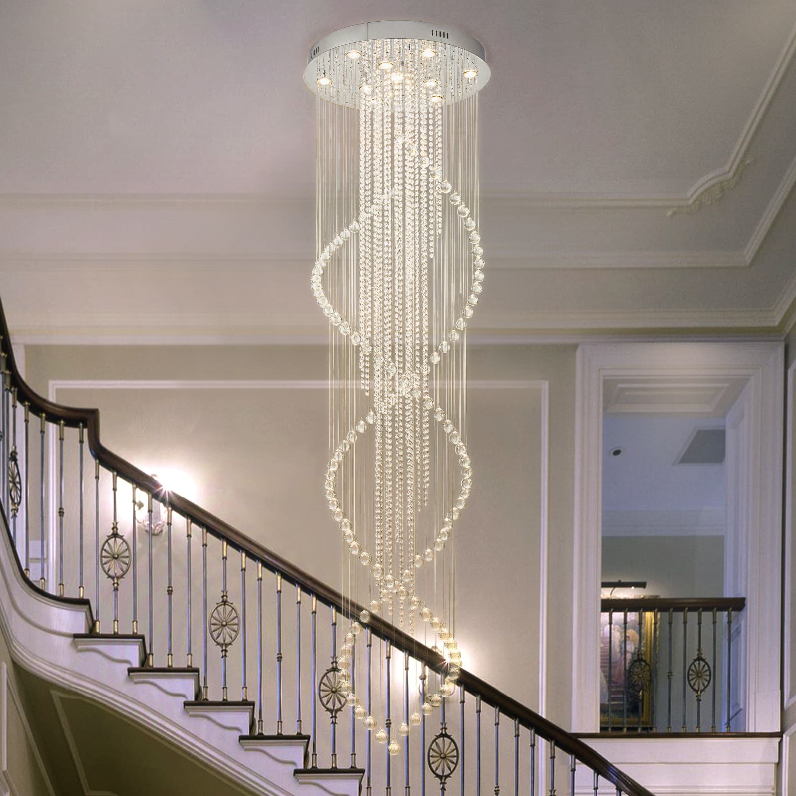 Glowlings 10-Light 98"H Luxury Double Spiral Raindrop Crystal Foyer Chandelier For High Ceilings