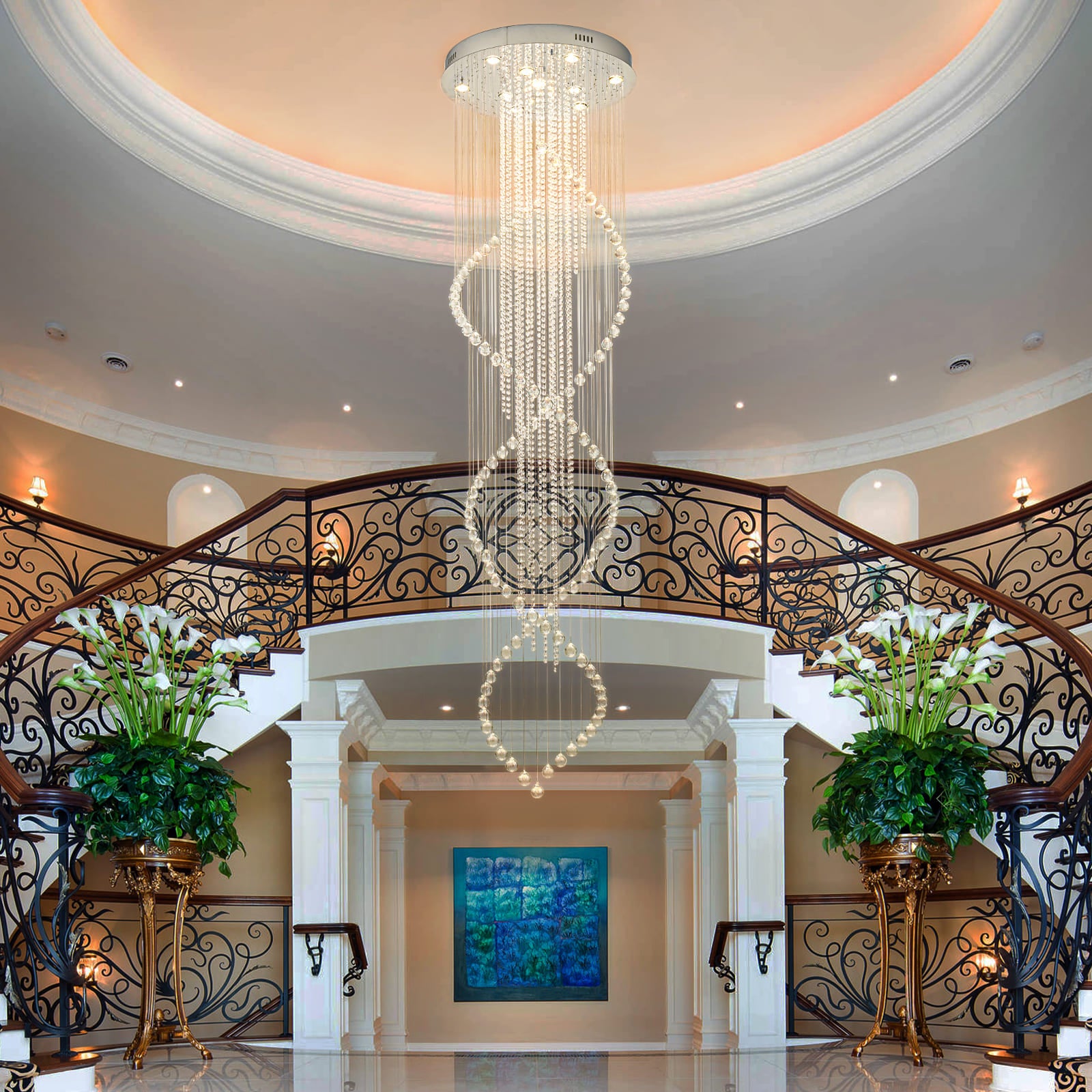 Glowlings 10-Light 98"H Luxury Double Spiral Raindrop Crystal Foyer Chandelier For High Ceilings