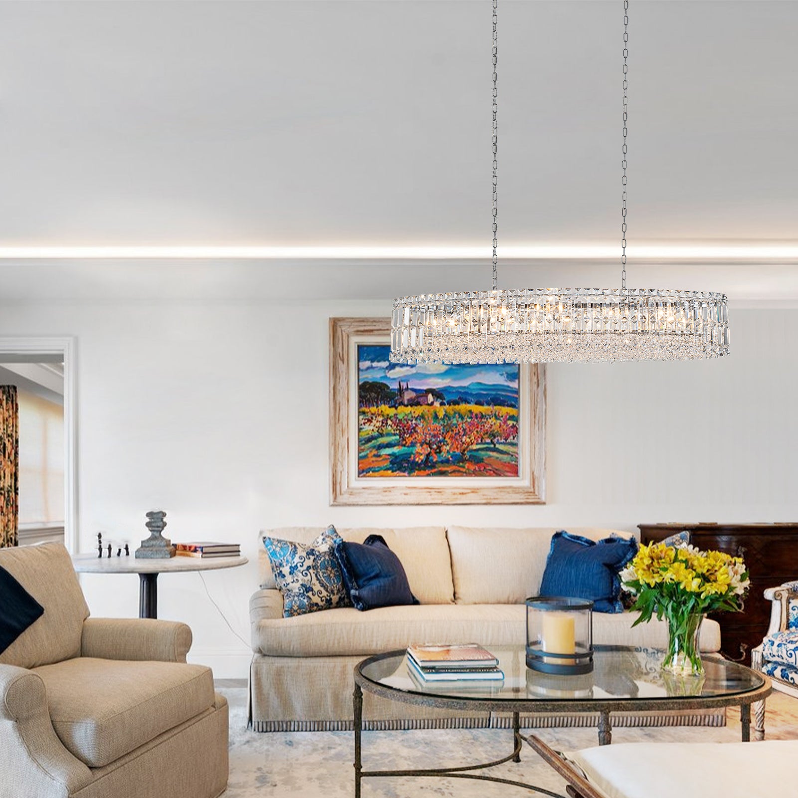 Glowlings 10-Light Modern 39"Wide Large Dimmable Chrome Oval Crystal Chandelier