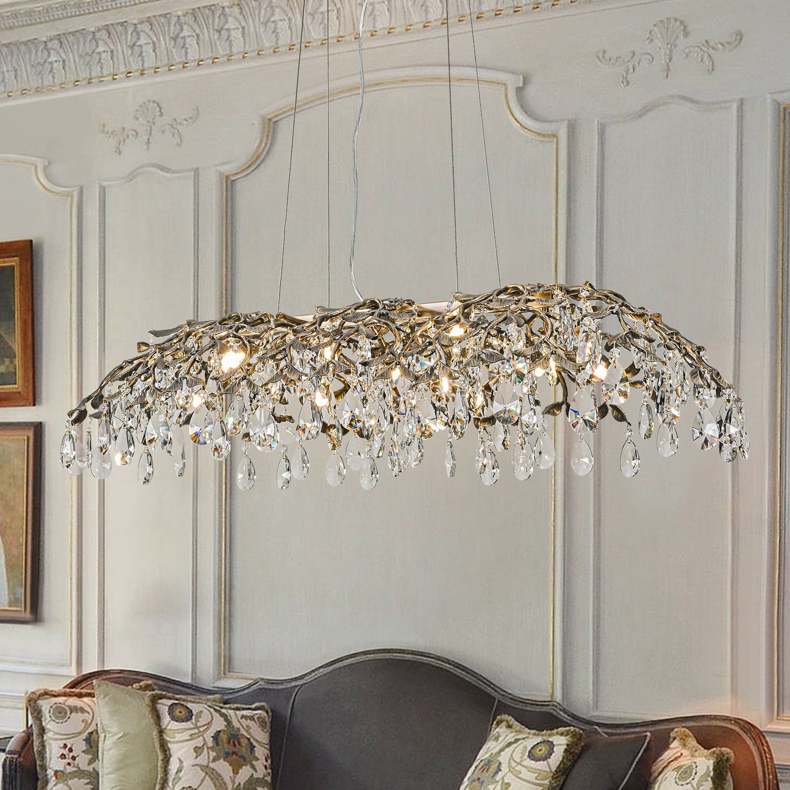 Glowlings 10-Light 47"Wide French Vintage Large Bronze Branches Linear Crystal Chandelier