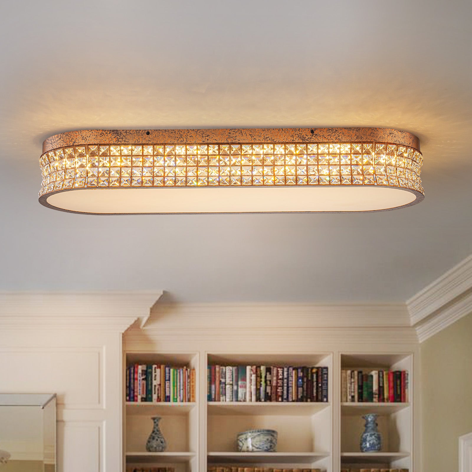 Glowlings 10-Light Vintage 39"Wide Large Antique Brass Linear Crystal LED Flush Mount