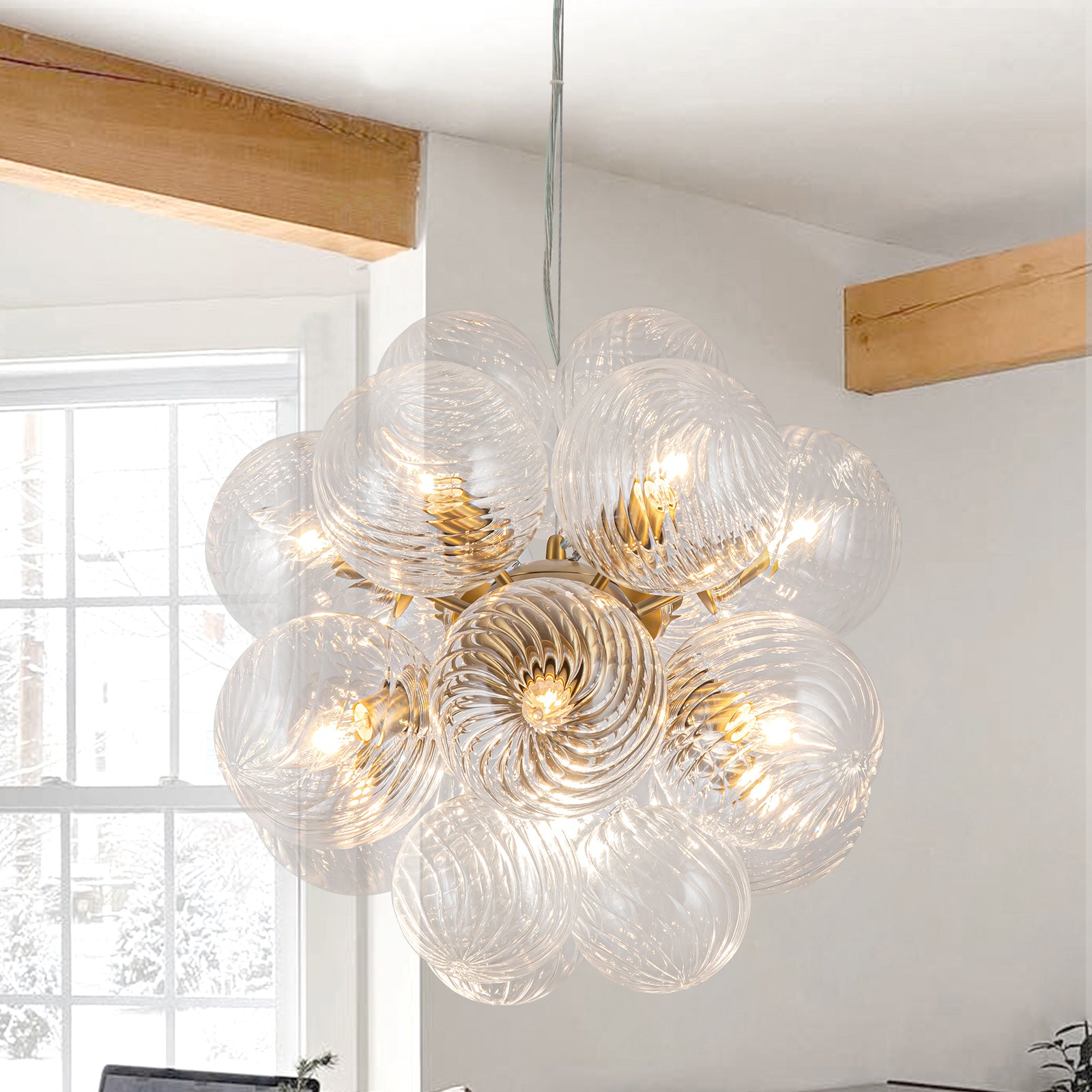 Glowlings Moderner Kronleuchter mit 12 Lichtern, 50,8 cm breit, klares geripptes Glas