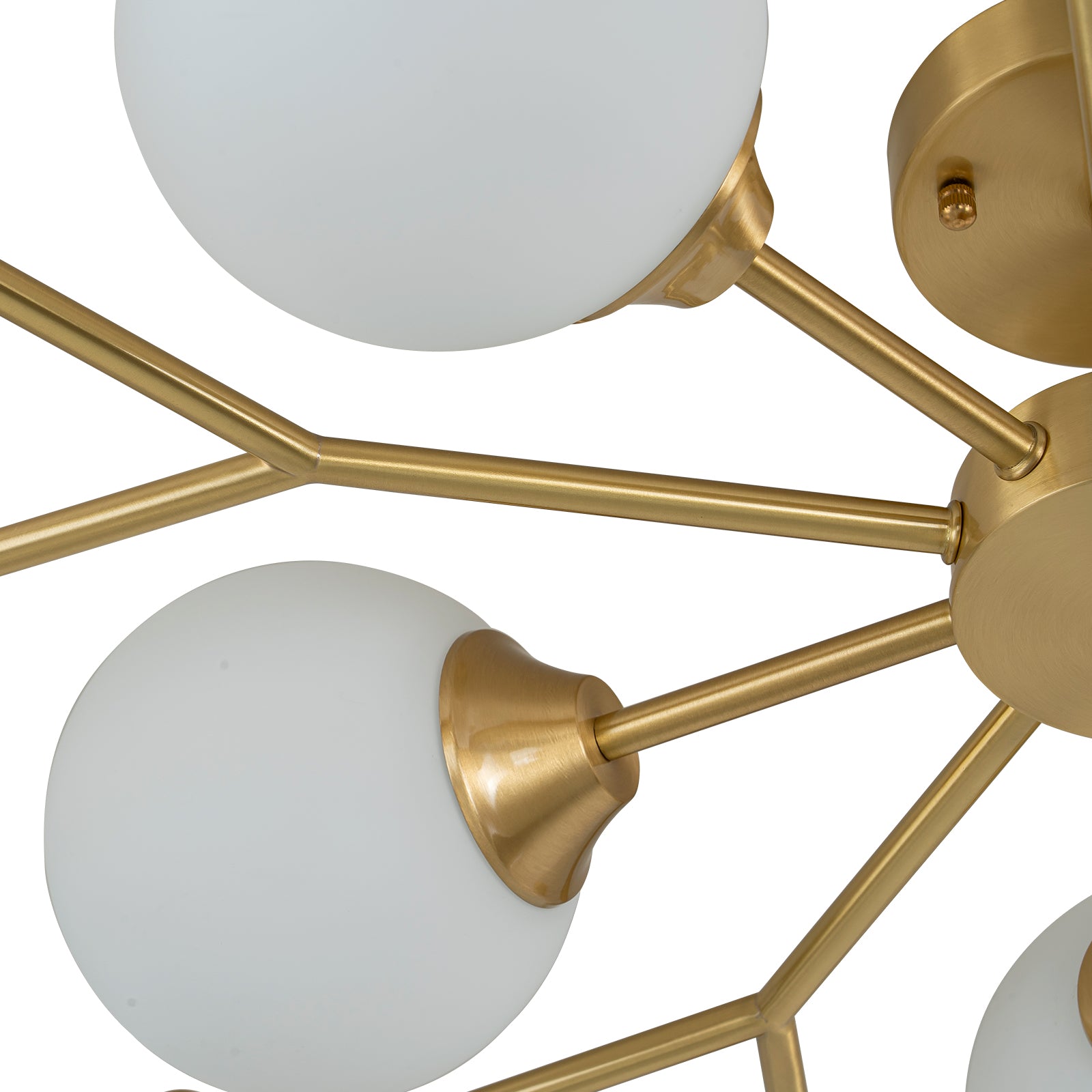 Glowlings 9/15-flammige moderne große Sputnik-Leuchte aus Messing mit Opalglas, halbbündige Montage