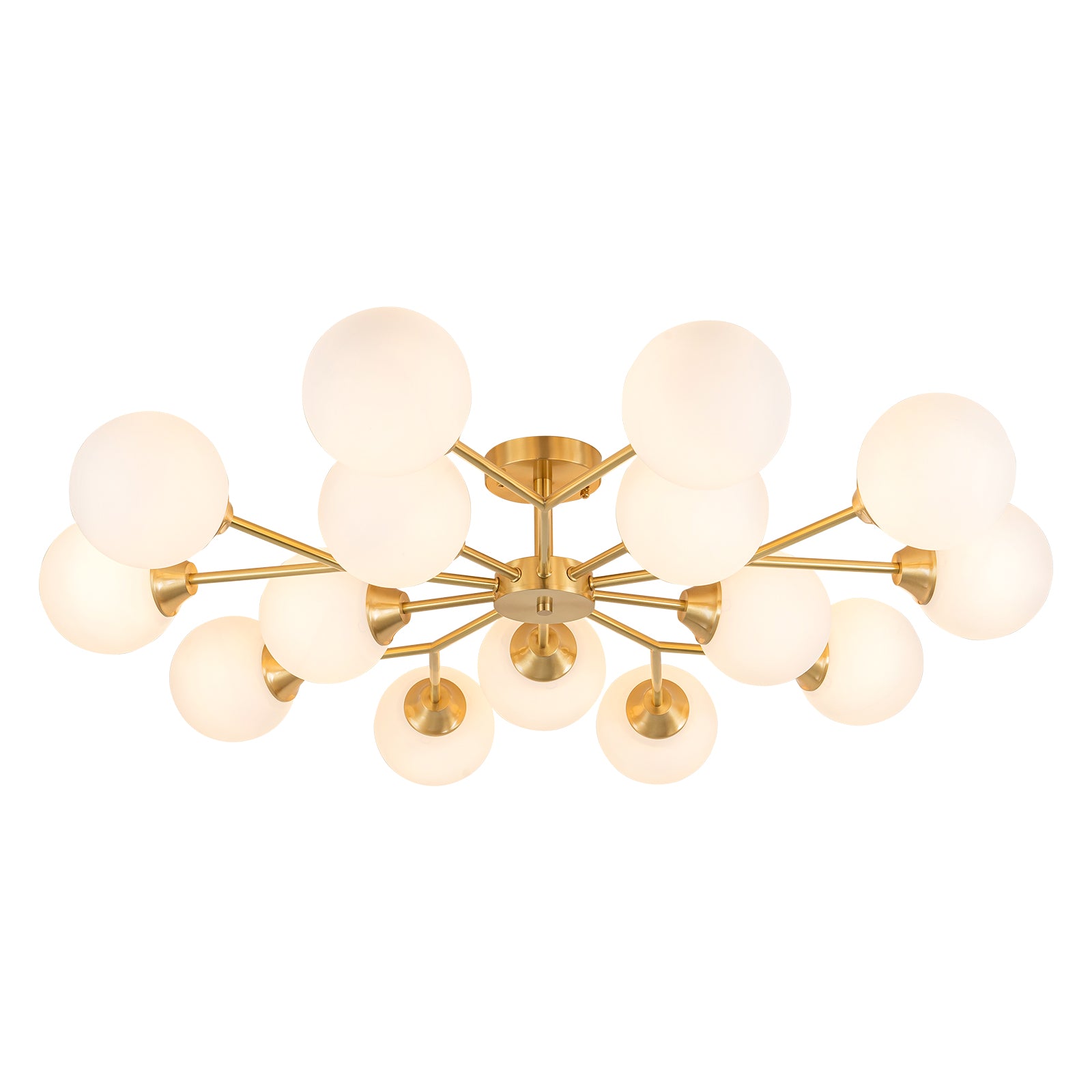 Glowlings 9/15-flammige moderne große Sputnik-Leuchte aus Messing mit Opalglas, halbbündige Montage
