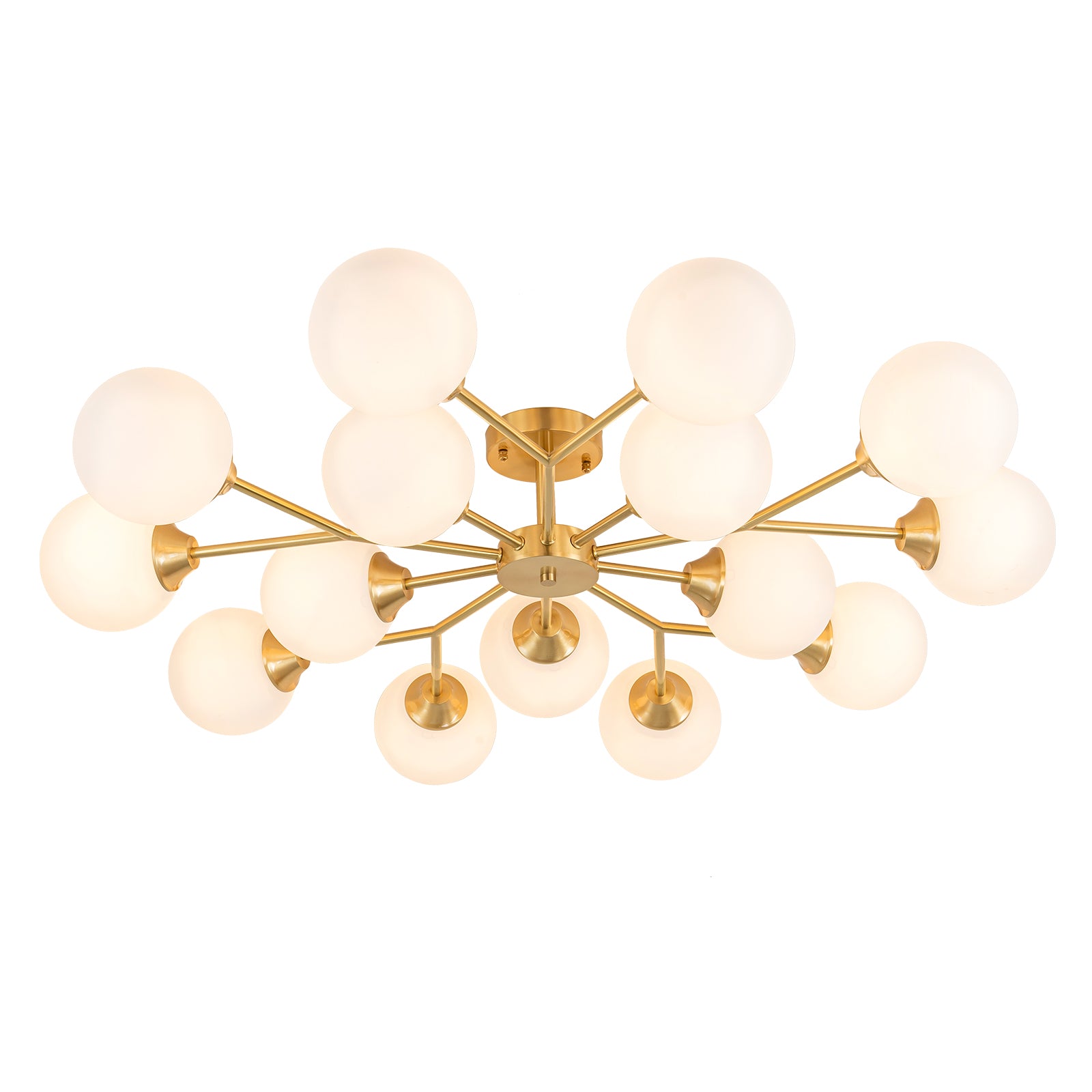 Glowlings 9/15-flammige moderne große Sputnik-Leuchte aus Messing mit Opalglas, halbbündige Montage