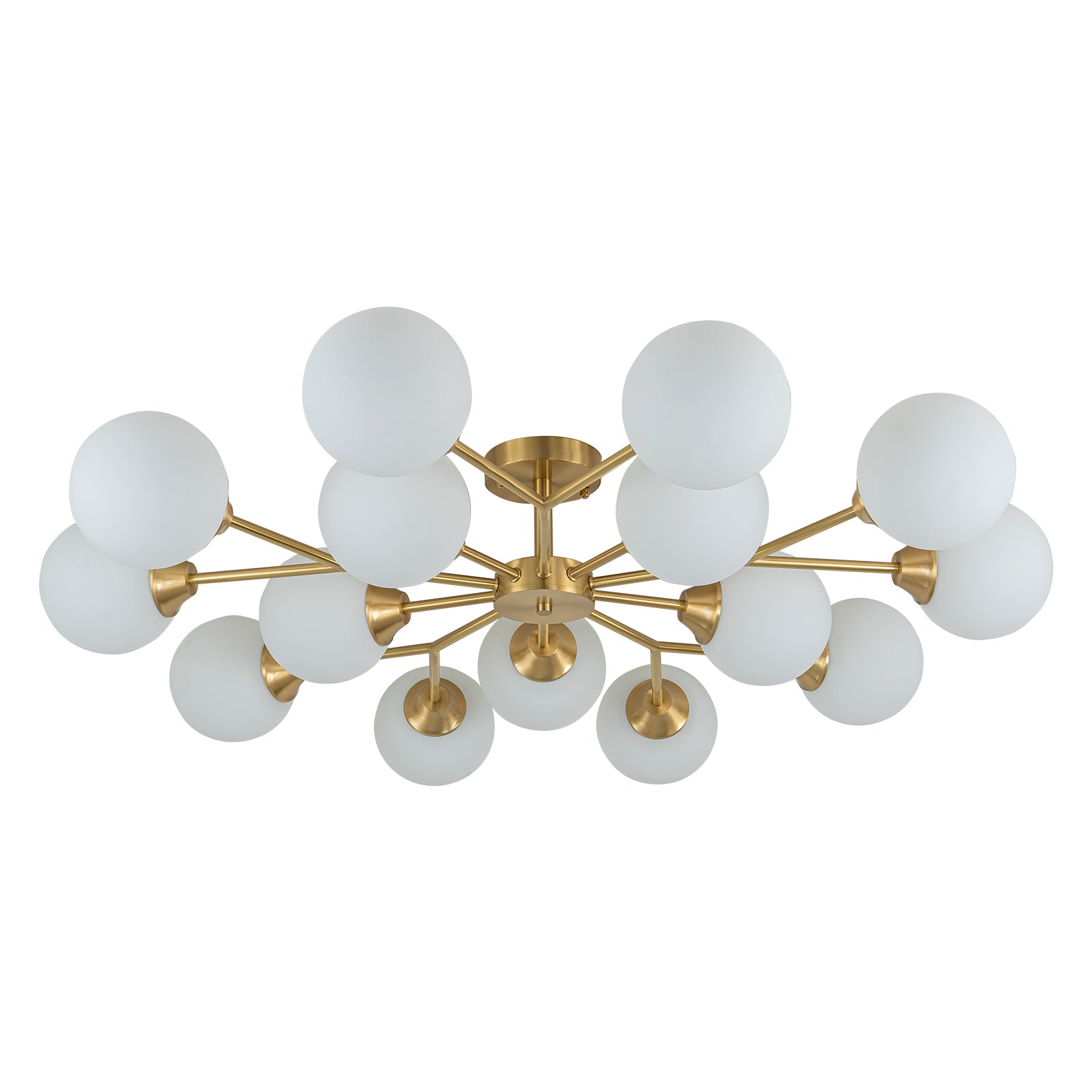 Glowlings 9/15-flammige moderne große Sputnik-Leuchte aus Messing mit Opalglas, halbbündige Montage