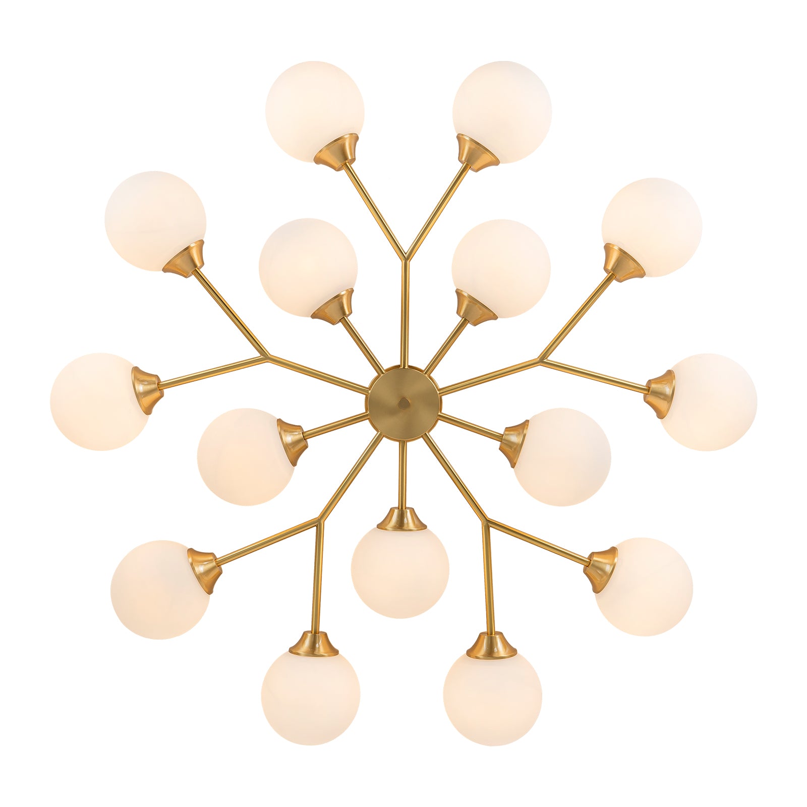 Glowlings 9/15-flammige moderne große Sputnik-Leuchte aus Messing mit Opalglas, halbbündige Montage