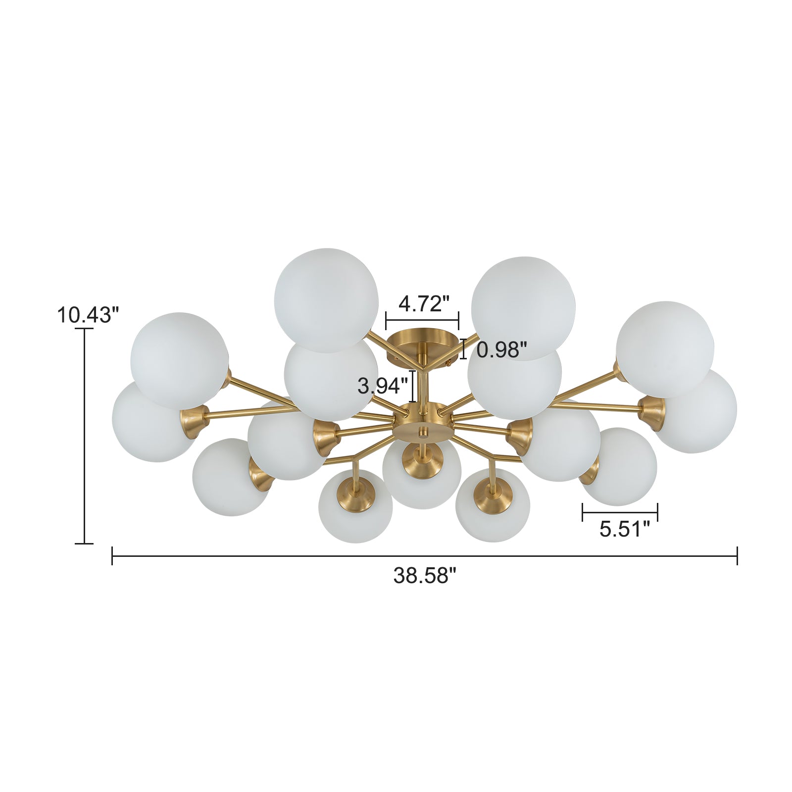 Glowlings 9/15-flammige moderne große Sputnik-Leuchte aus Messing mit Opalglas, halbbündige Montage