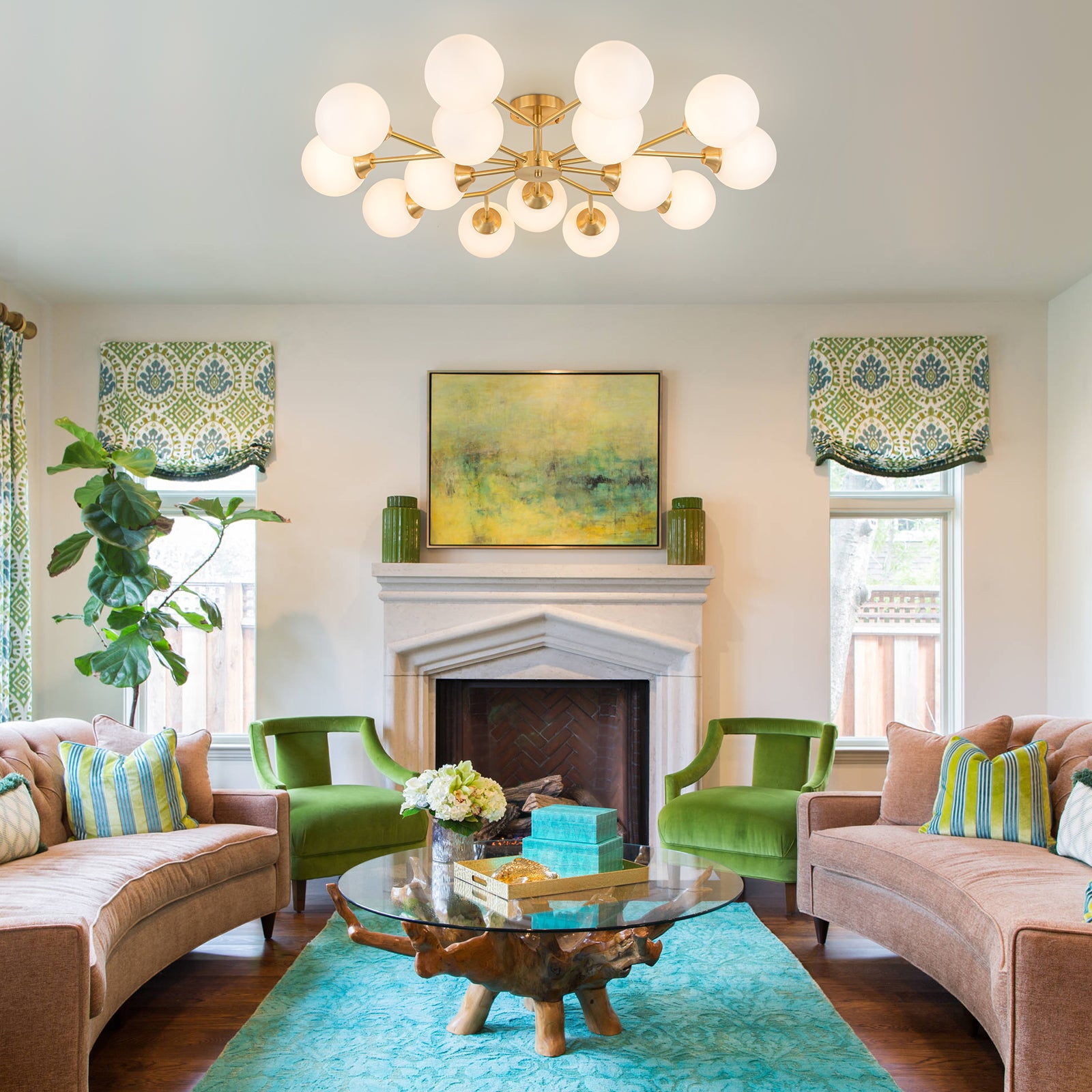 Glowlings 9/15-flammige moderne große Sputnik-Leuchte aus Messing mit Opalglas, halbbündige Montage