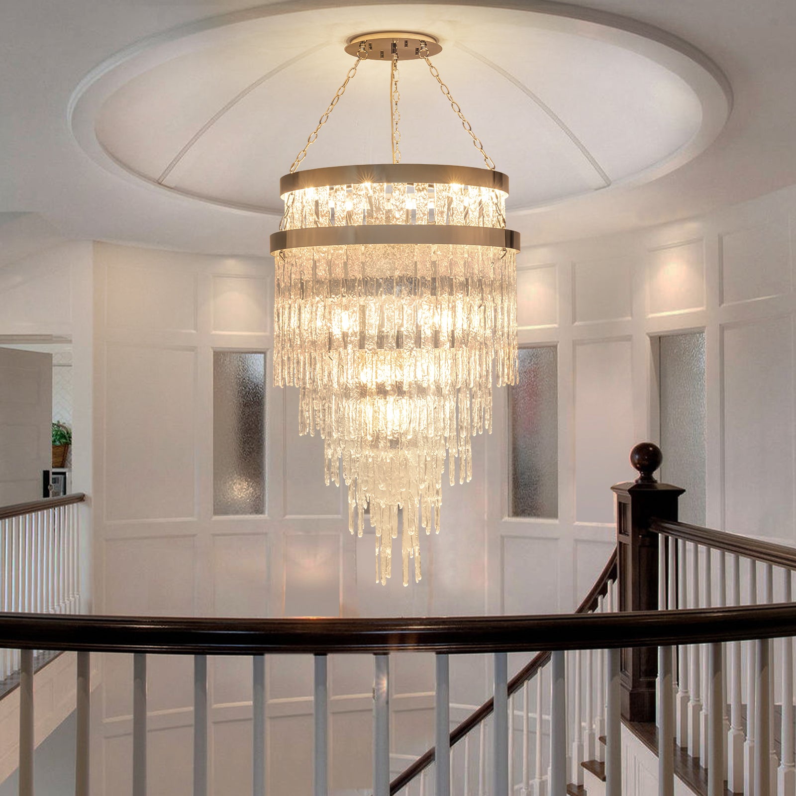 Glowlings 16-flammiger moderner, 71 cm breiter, 6-stufiger großer Wasserfall-Kronleuchter aus handgefertigtem Glas für das Wohnzimmer im Foyer