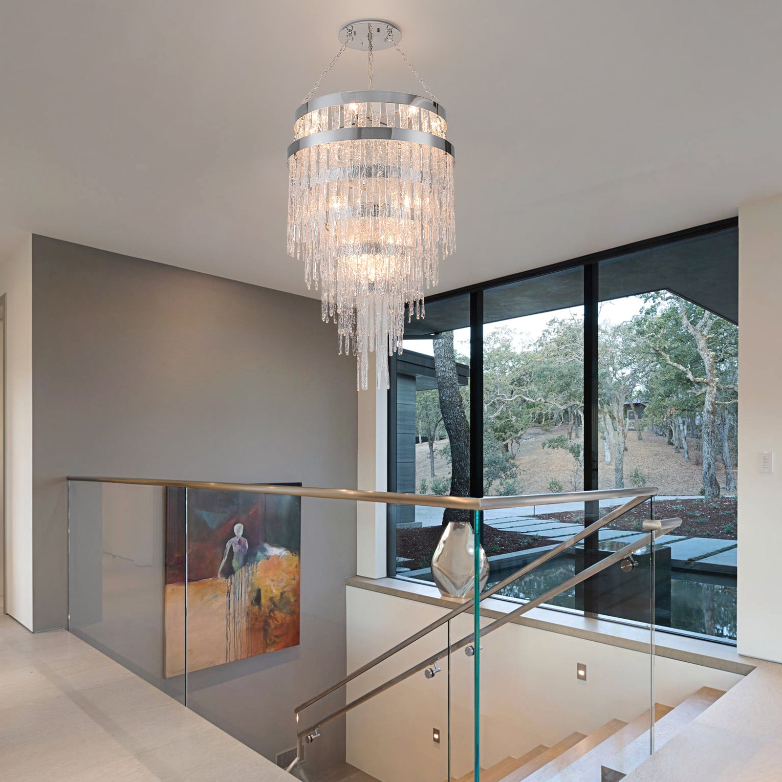 Glowlings 16-flammiger moderner, 71 cm breiter, 6-stufiger großer Wasserfall-Kronleuchter aus handgefertigtem Glas für das Wohnzimmer im Foyer