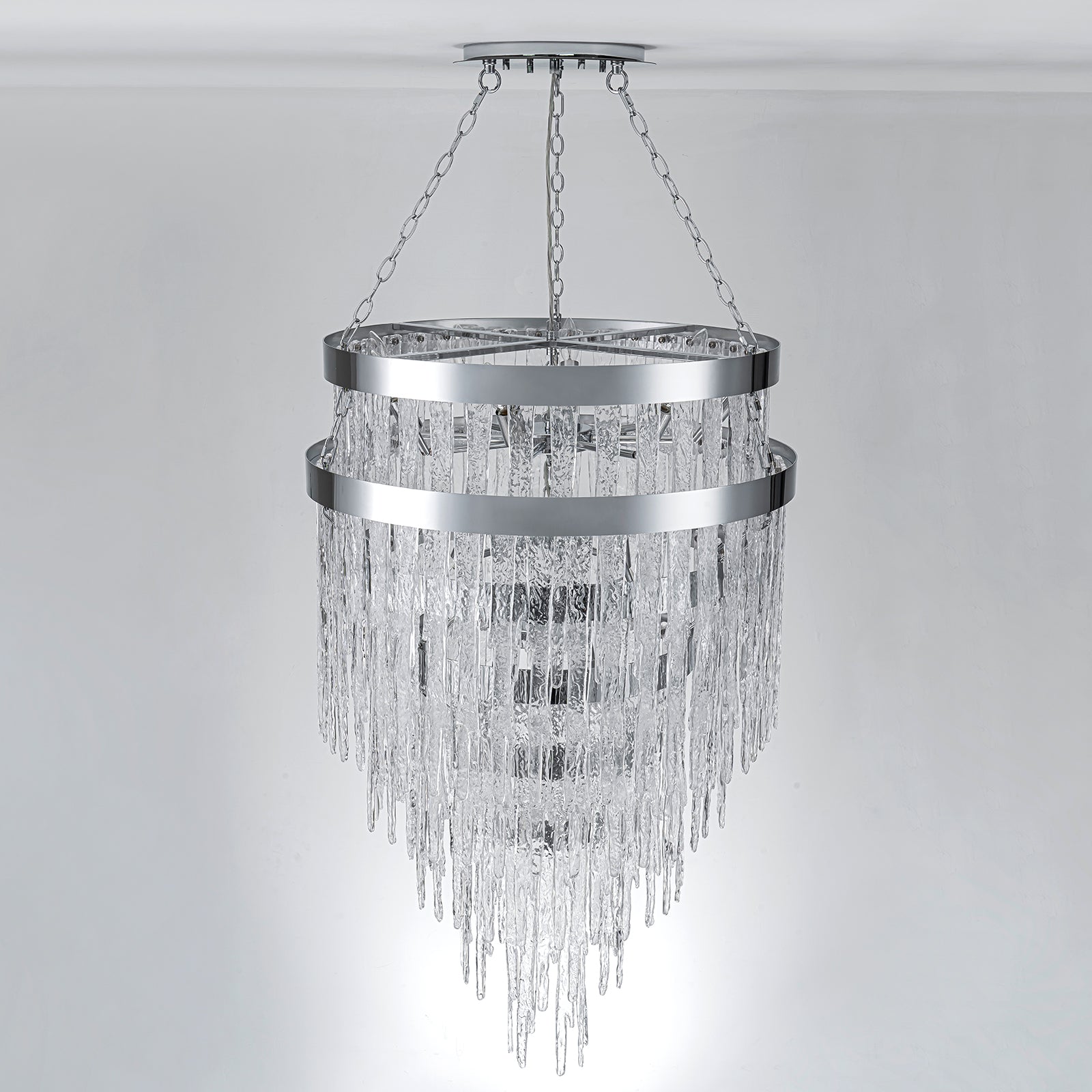 Glowlings 16-flammiger moderner, 71 cm breiter, 6-stufiger großer Wasserfall-Kronleuchter aus handgefertigtem Glas für das Wohnzimmer im Foyer