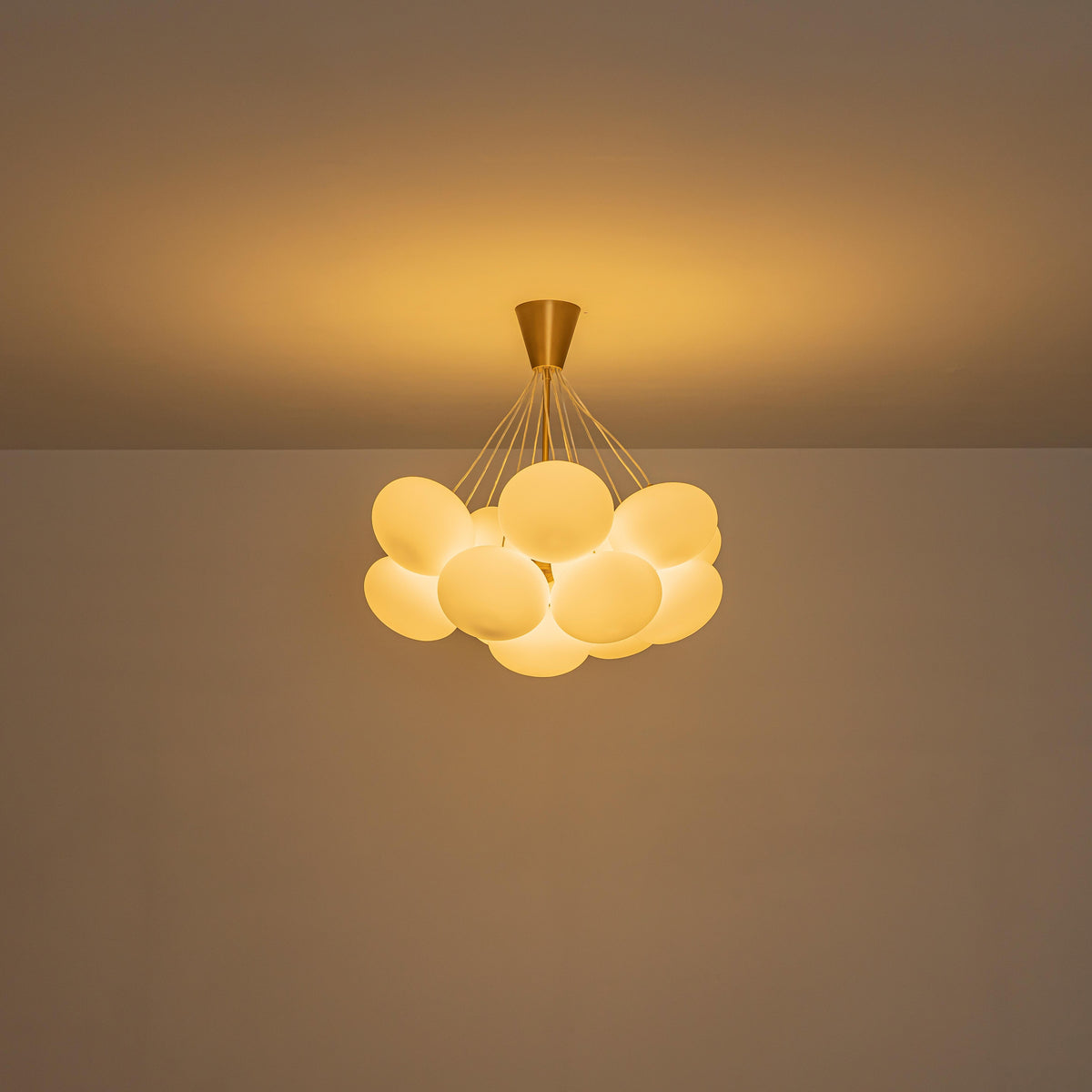 Glowlings 16-Light Modern Brass Cloud Chandelier, Mid-Century Milk Glass Bubble Pendant Light, Cluster Pebble Ceiling Hanging Fixture