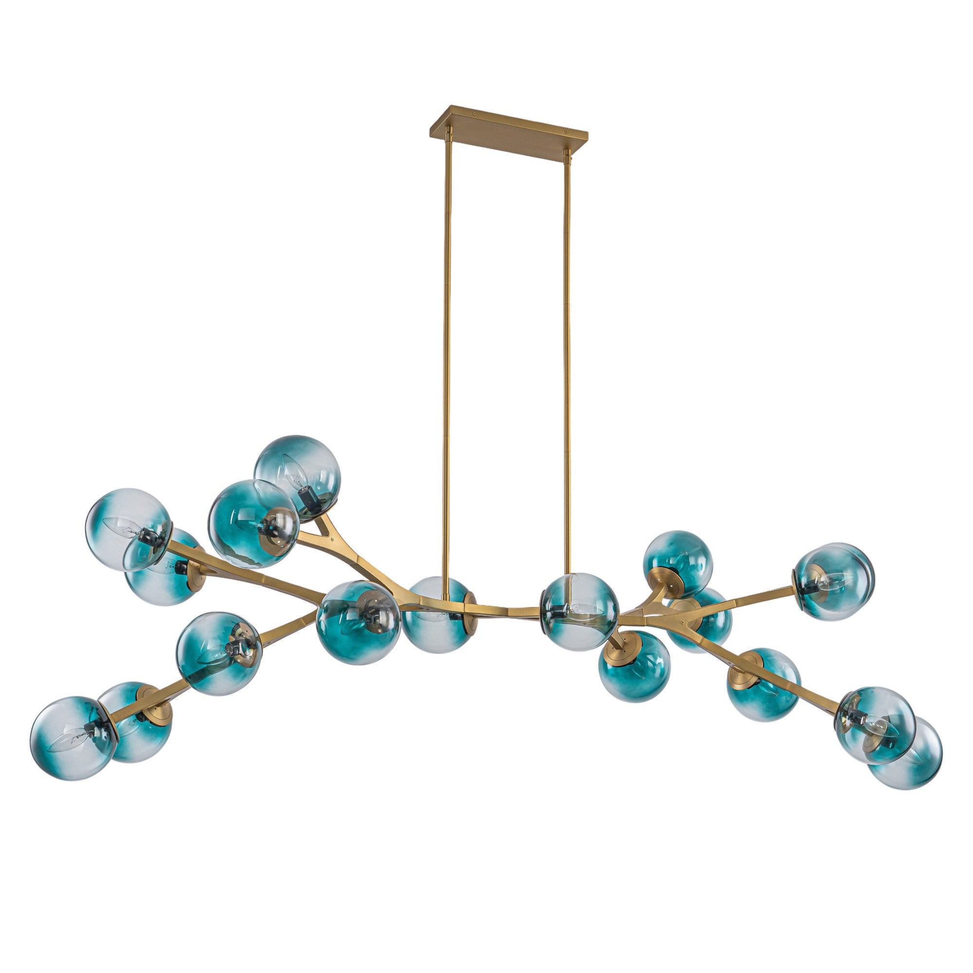 Glowlings 18-Light Modern 68"Wide Oversized Brass Opal/Gradient Blue Glass Branching Sputnik Chandelier