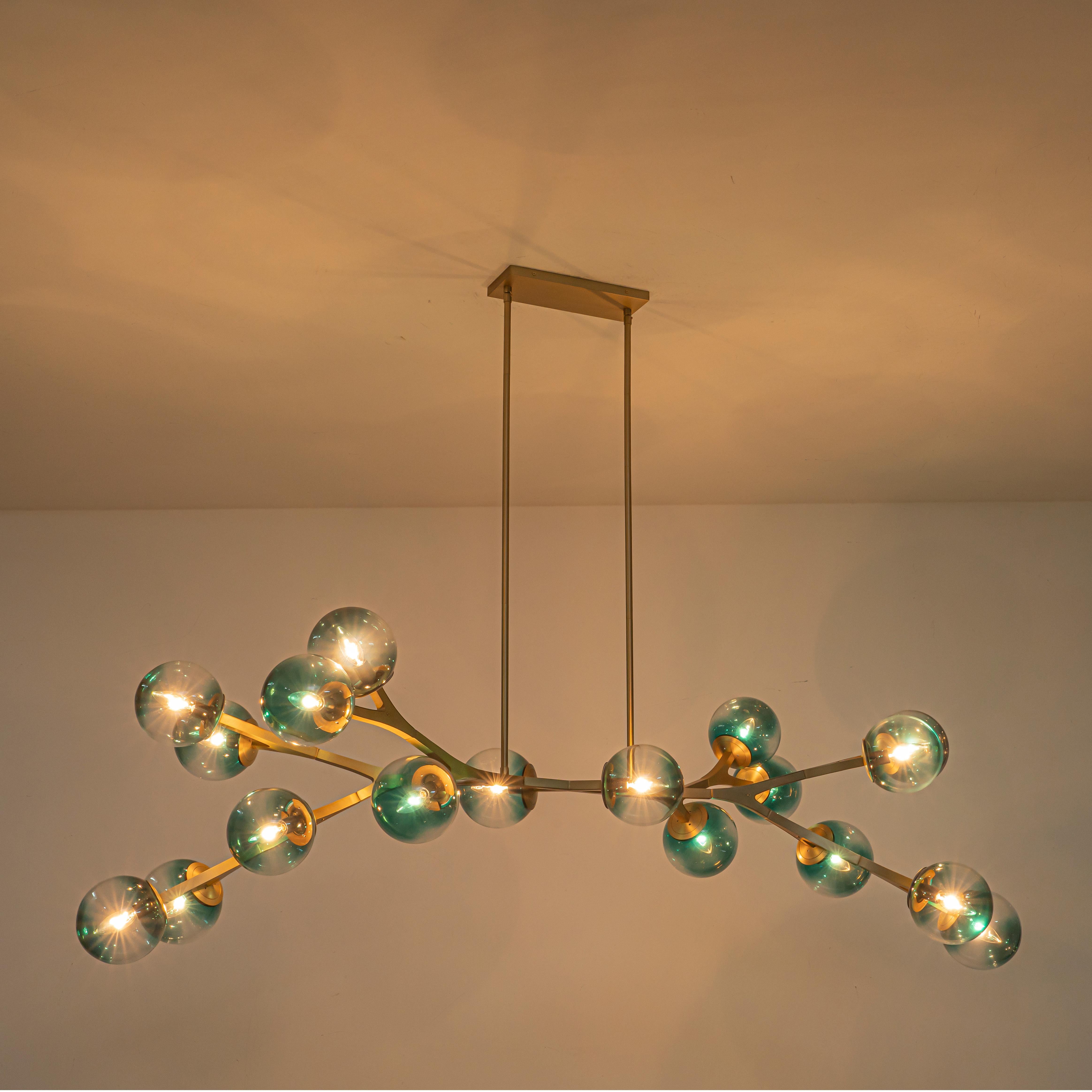 Glowlings 18-Light Modern 68"Wide Oversized Brass Opal/Gradient Blue Glass Branching Sputnik Chandelier