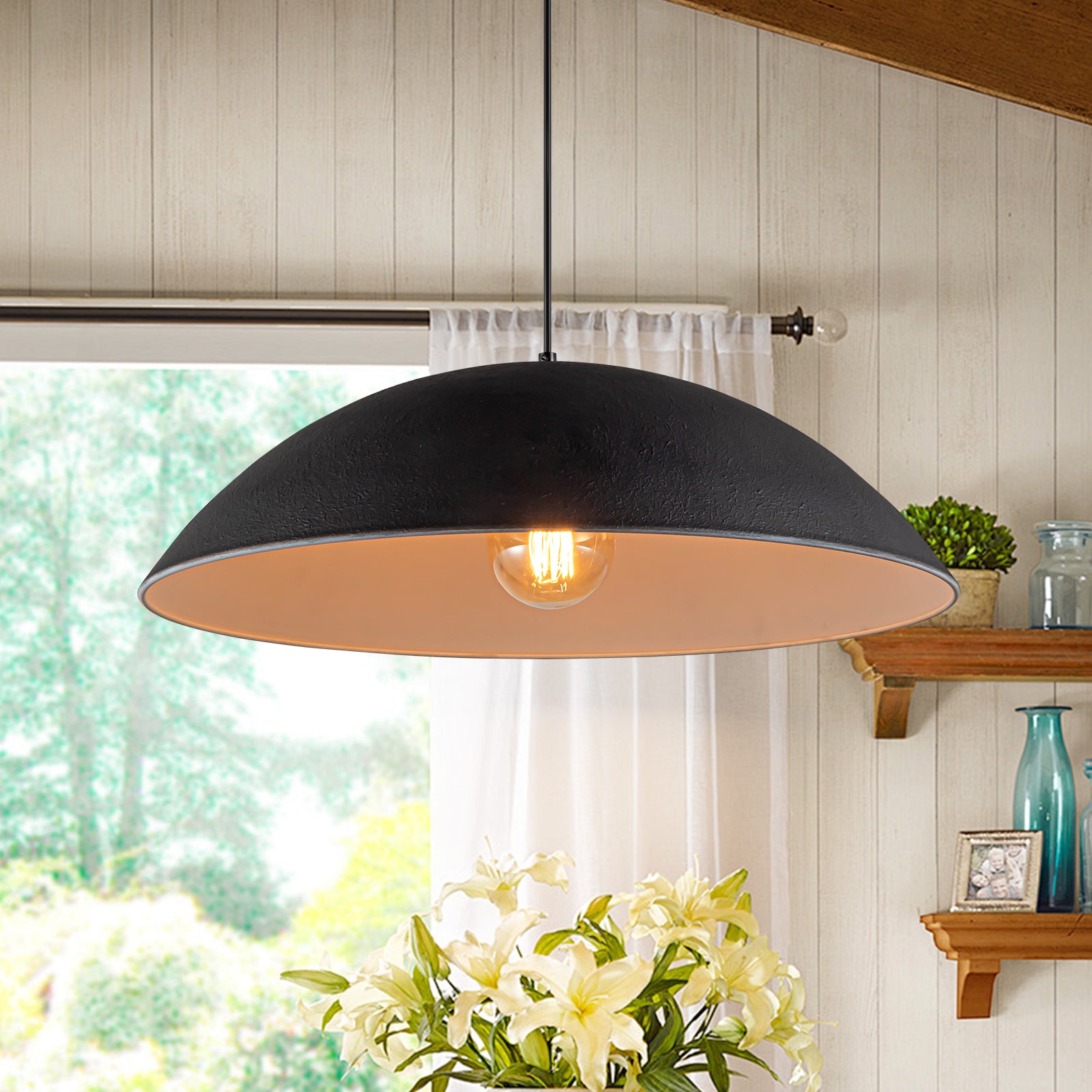 Glowlings 1-Light Modern 23"Wide Oversized Flat Cone Black Dome Pendant Light