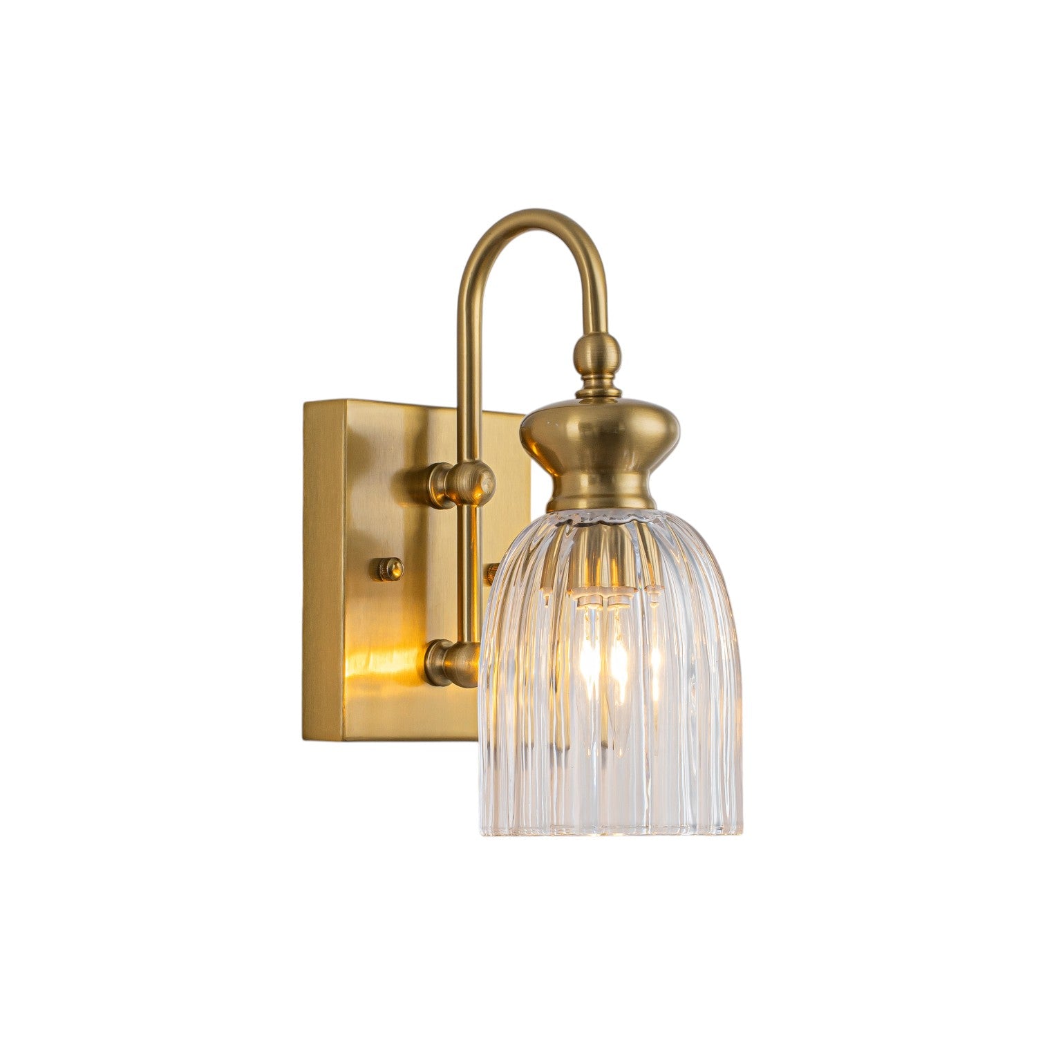 Glowlings 1-Light Modern Antique Brass Ribbed Fluted Bell Glass Shade Gooseneck Wall Sconce