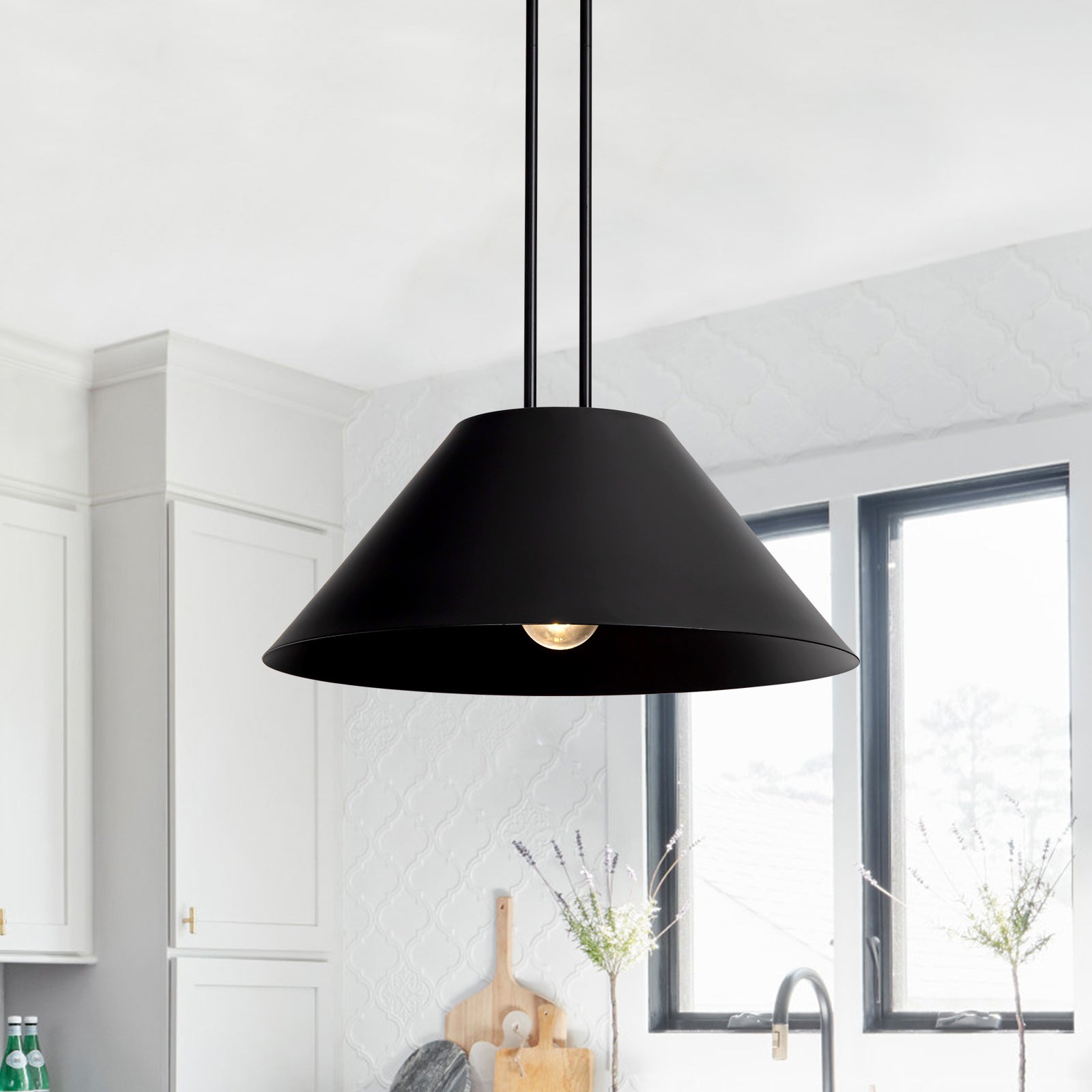 Glowlings 1-Light Modern 17"Wide Industrial Cone Black Dome Pendant Light Island Light