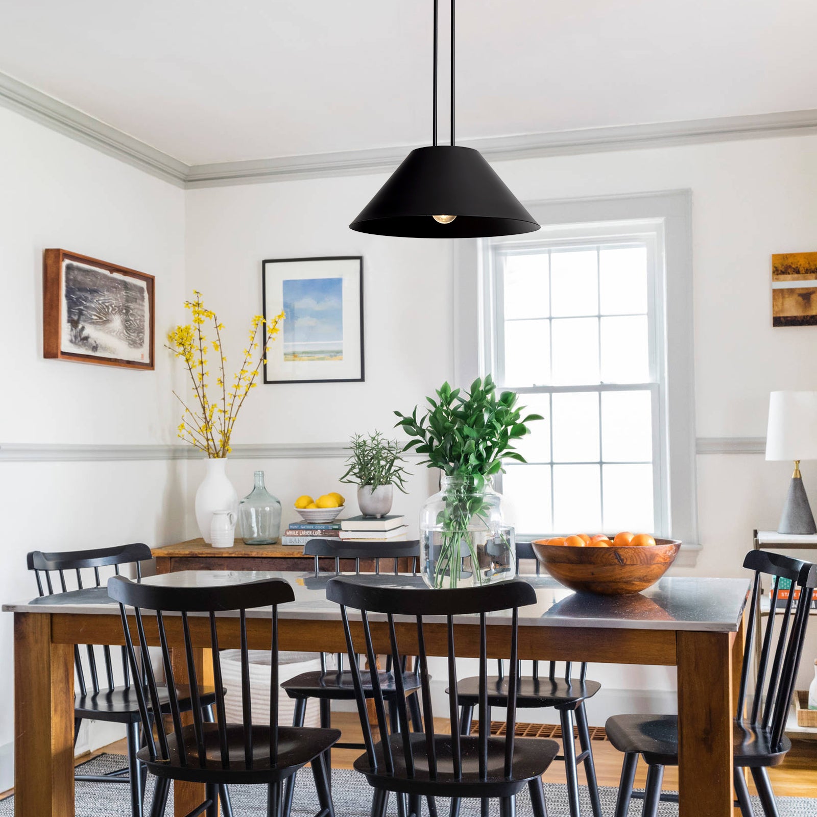 Glowlings 1-Light Modern 17"Wide Industrial Cone Black Dome Pendant Light Island Light