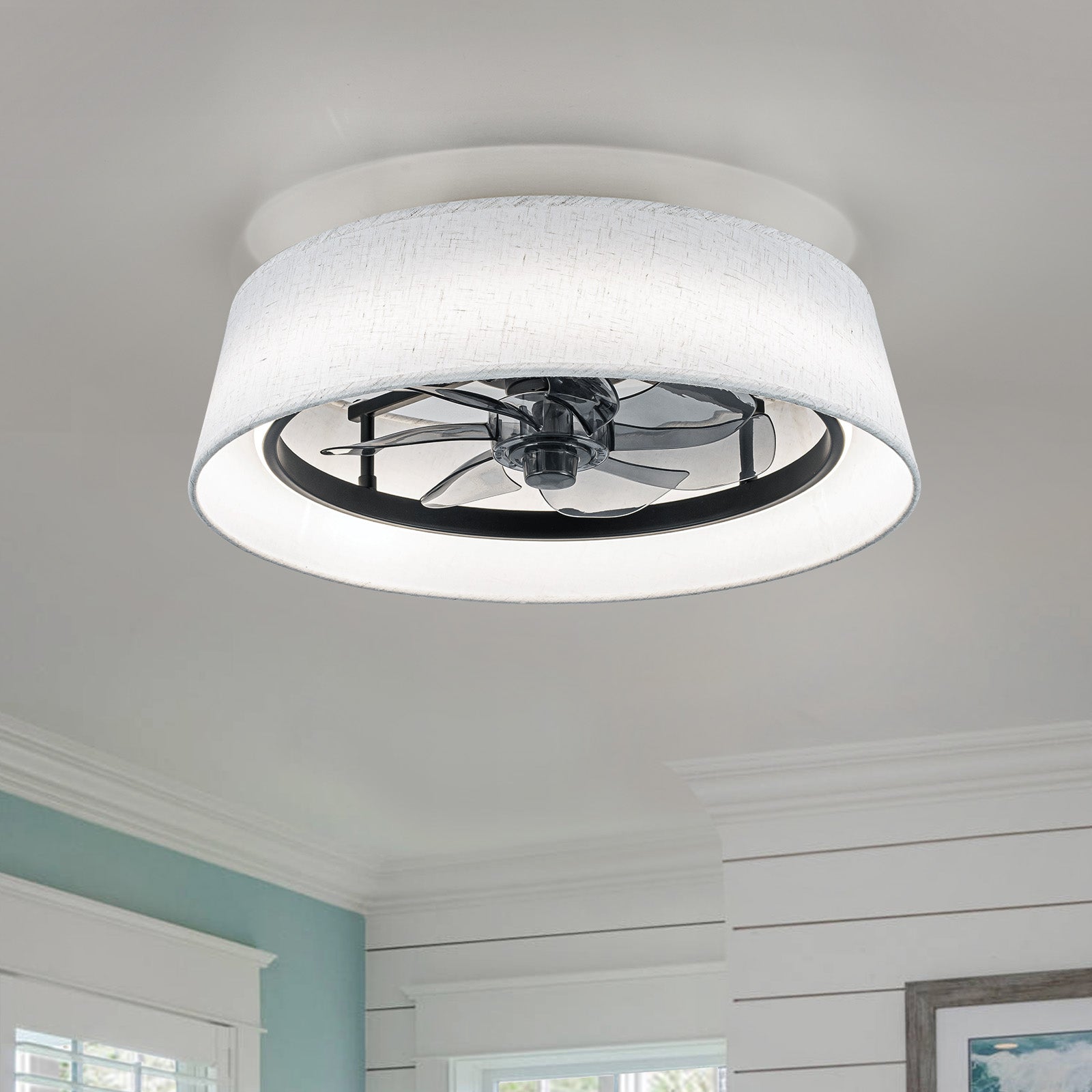 Glowlings 1-Light Modern Bladeless Linen Fabric Shade Drum LED Ceiling Fan with Remote
