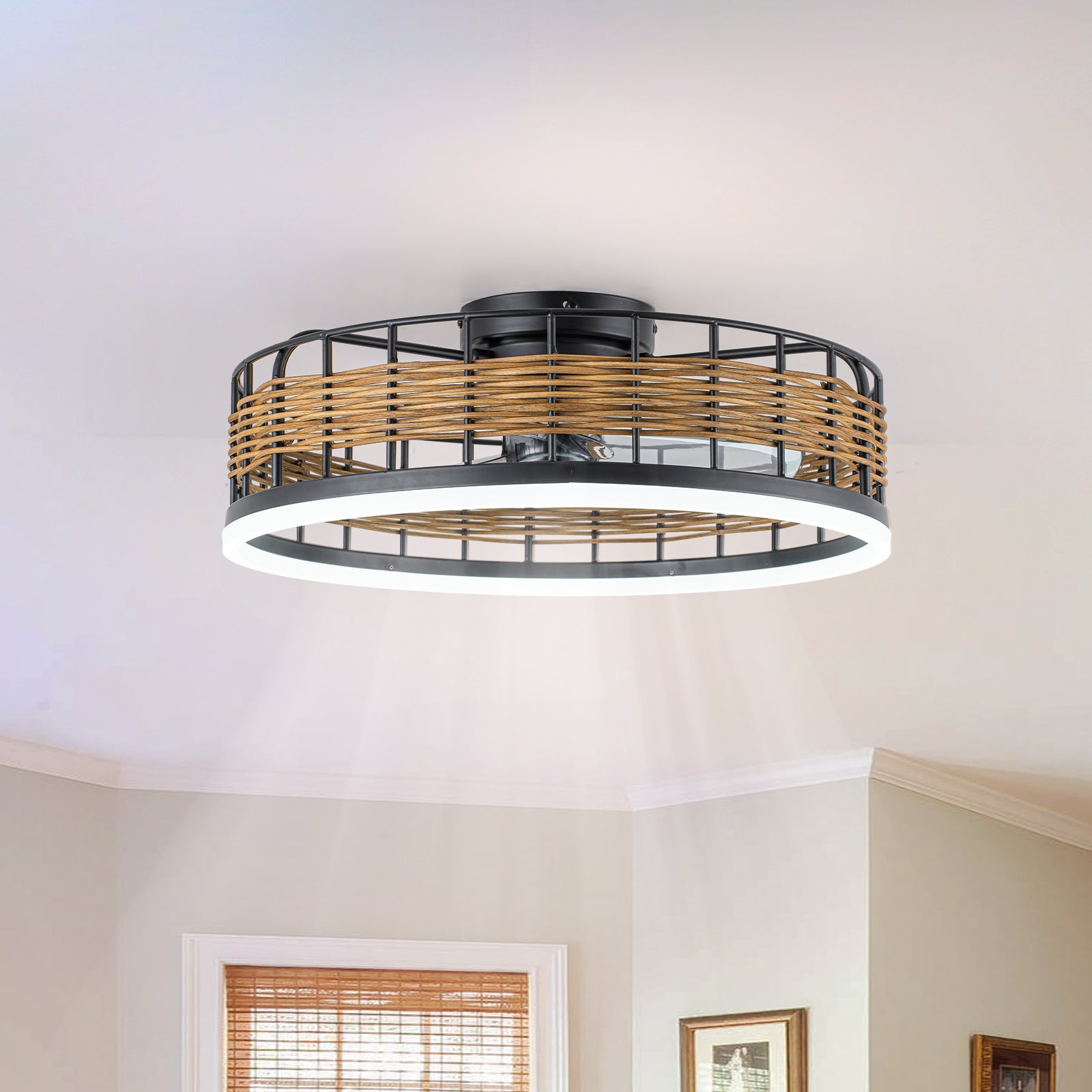 Glowlings Boho Chic Rattan Ceiling Fan with Light - Low Profile Smart Fandelier with Remote & App Control, Integrated LED Flush Mount Fan