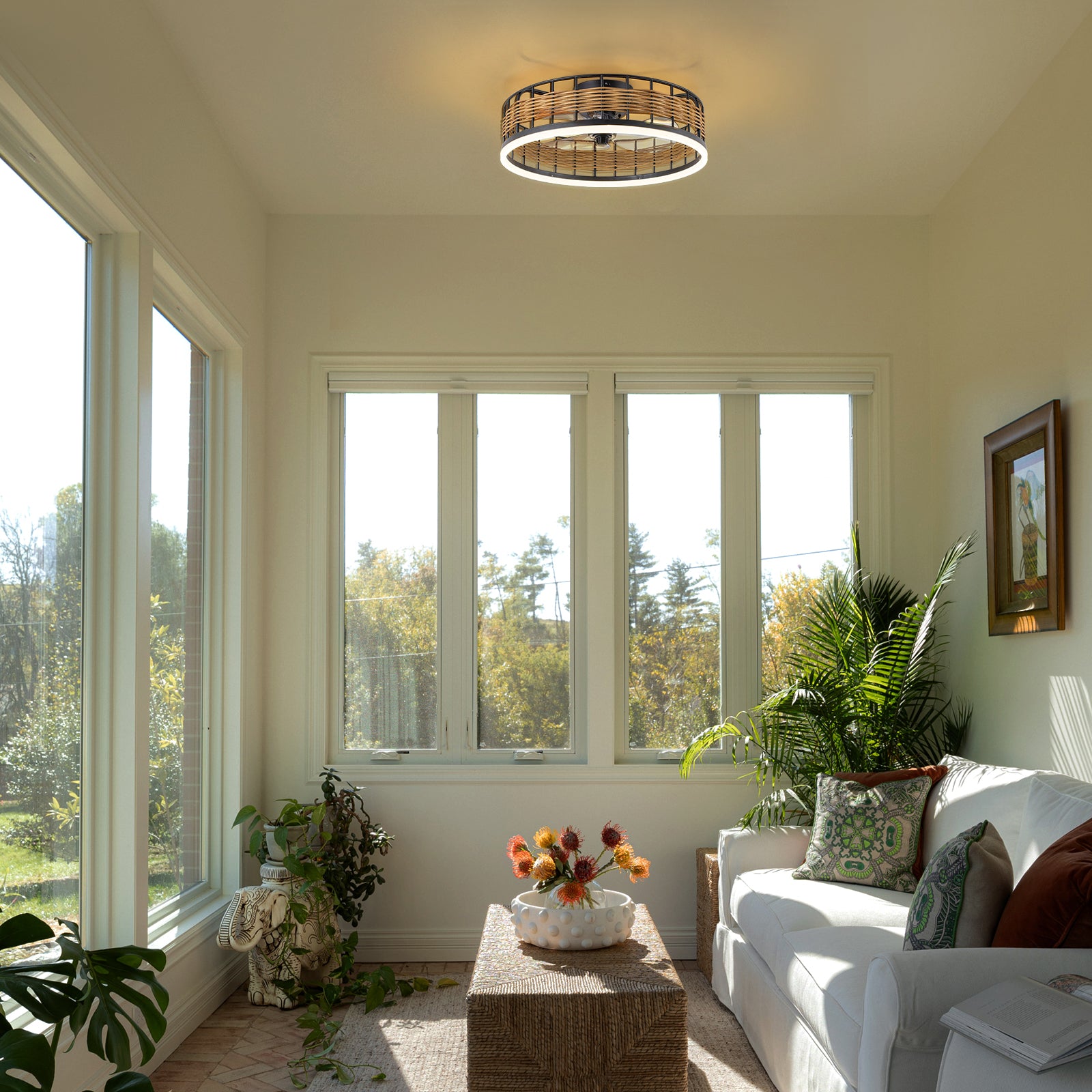 Glowlings Boho Chic Rattan Ceiling Fan with Light - Low Profile Smart Fandelier with Remote & App Control, Integrated LED Flush Mount Fan