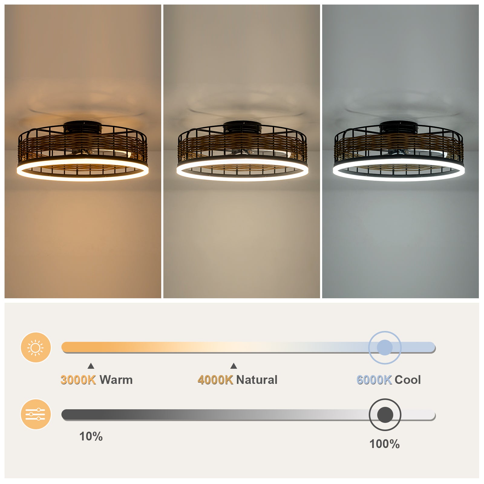 Glowlings Boho Chic Rattan Ceiling Fan with Light - Low Profile Smart Fandelier with Remote & App Control, Integrated LED Flush Mount Fan