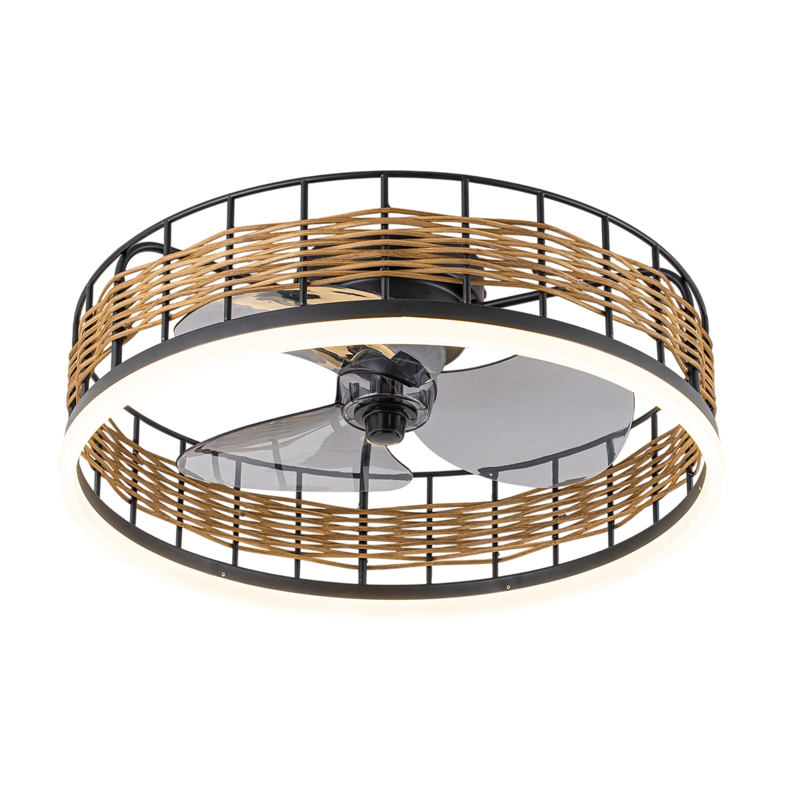 Glowlings Boho Chic Rattan Ceiling Fan with Light - Low Profile Smart Fandelier with Remote & App Control, Integrated LED Flush Mount Fan