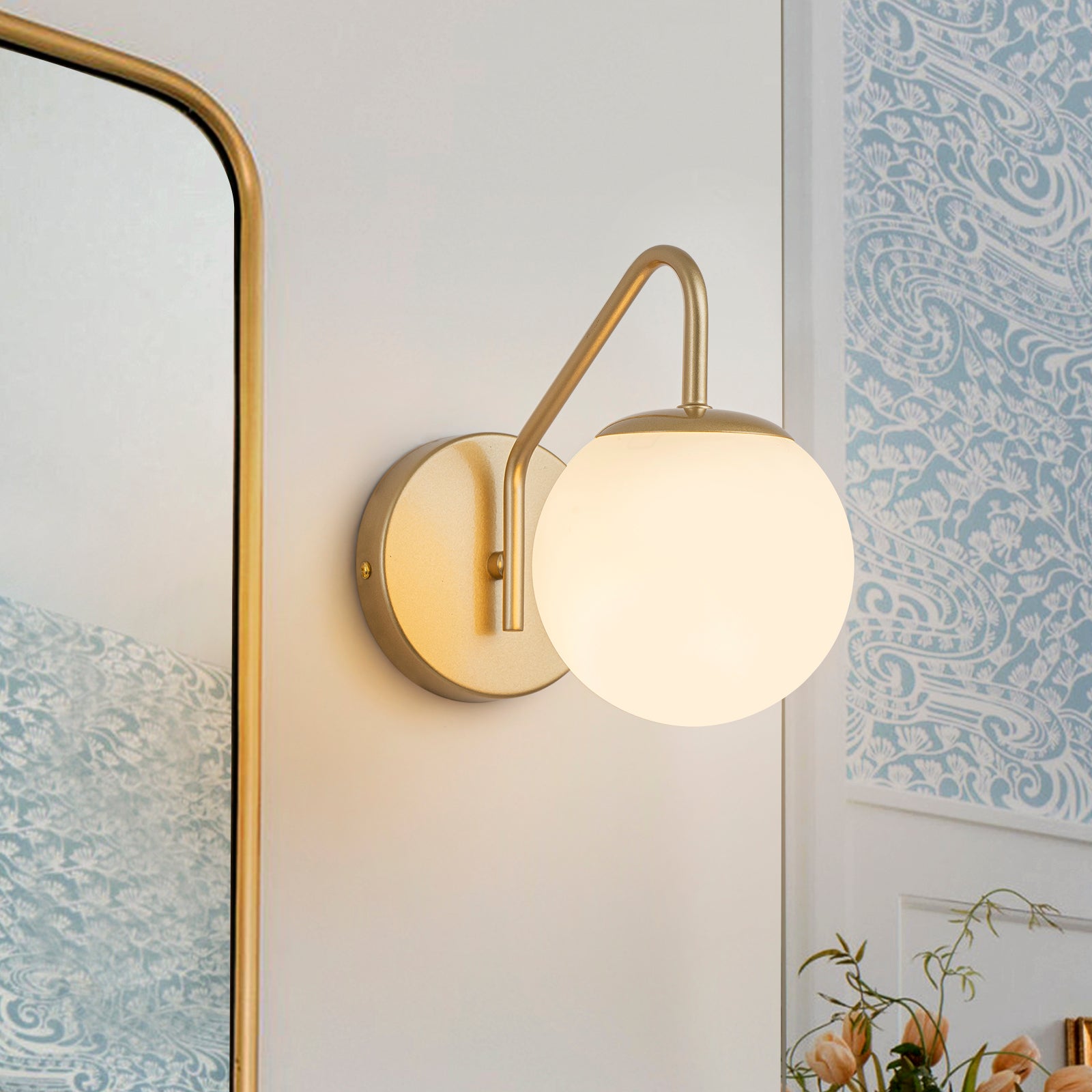 Glowlings Modern 1-Light Brass Globe Opal Glass Bathroom Wall Sconce