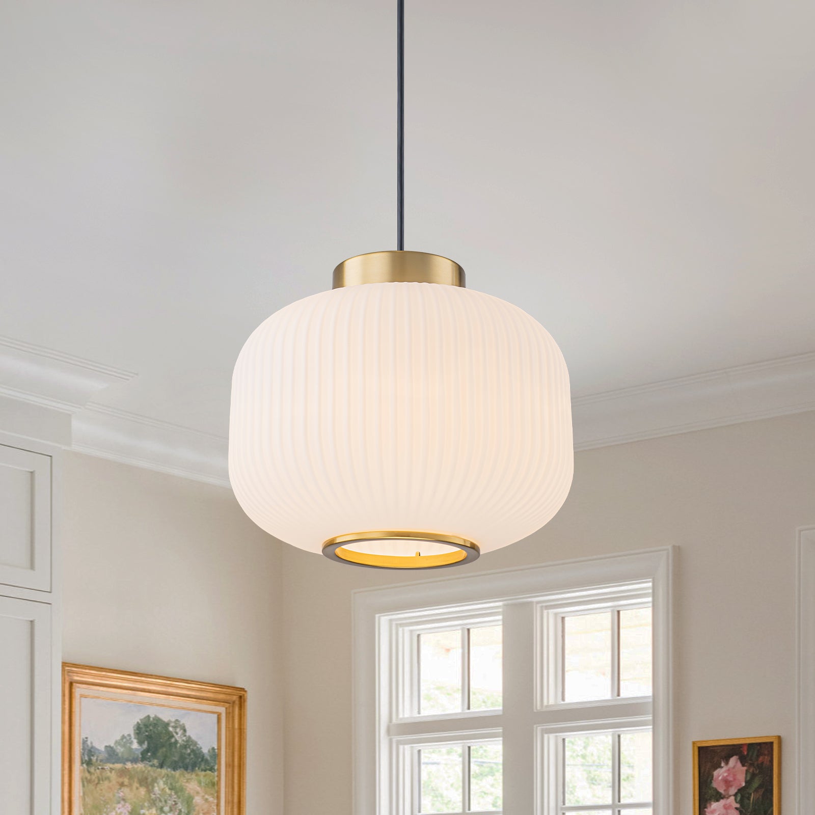 Glowlings Modern 1-Light Brushed Brass Fluted Frosted Glass Globe Pendant Light for Kitchen Island