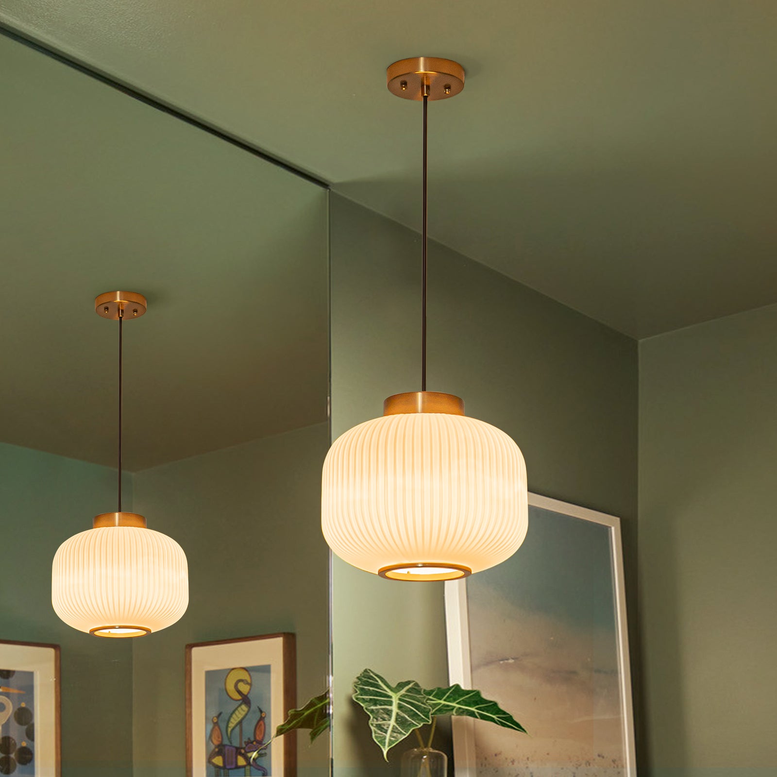 Glowlings Modern 1-Light Brushed Brass Fluted Frosted Glass Globe Pendant Light for Kitchen Island