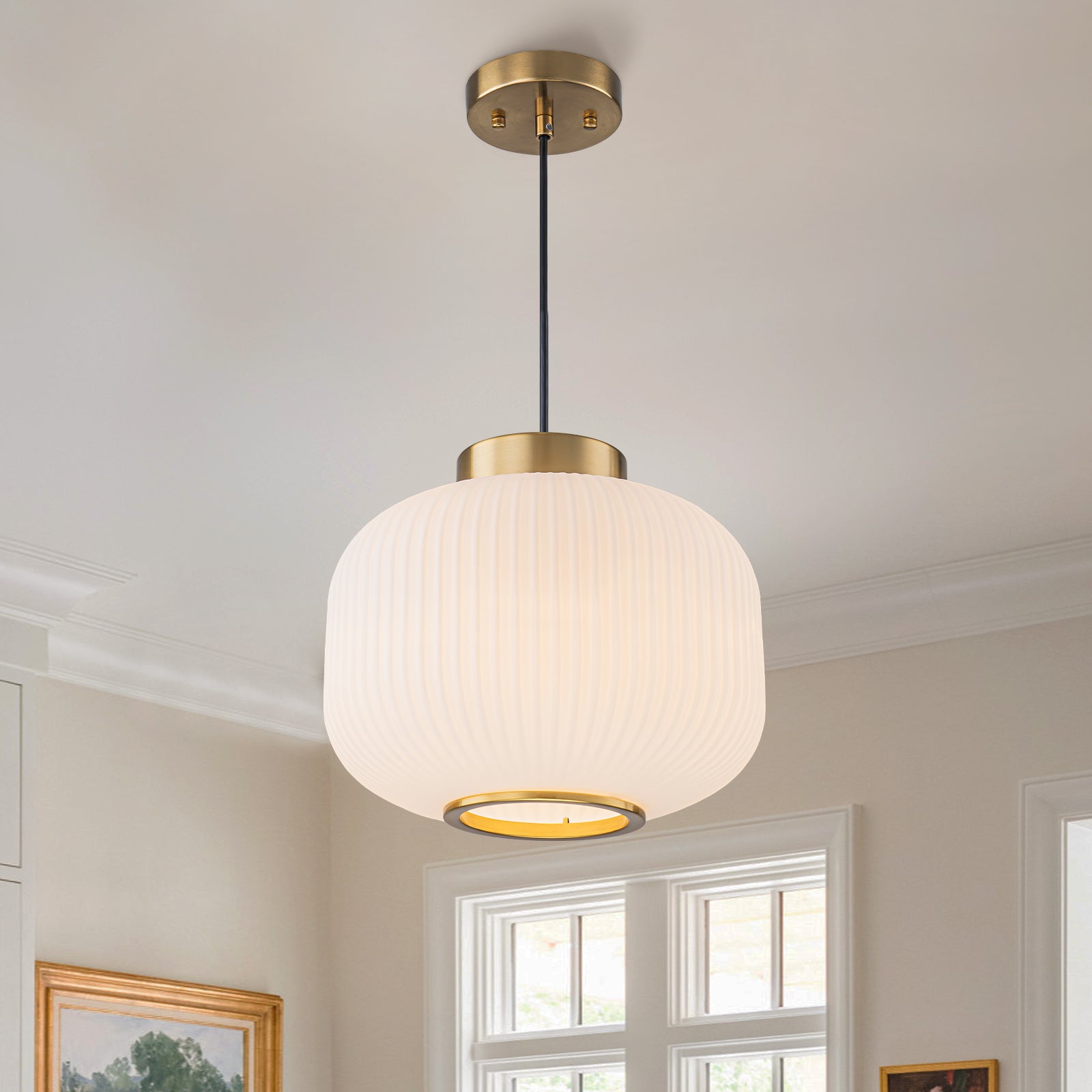 Glowlings Modern 1-Light Brushed Brass Fluted Frosted Glass Globe Pendant Light for Kitchen Island