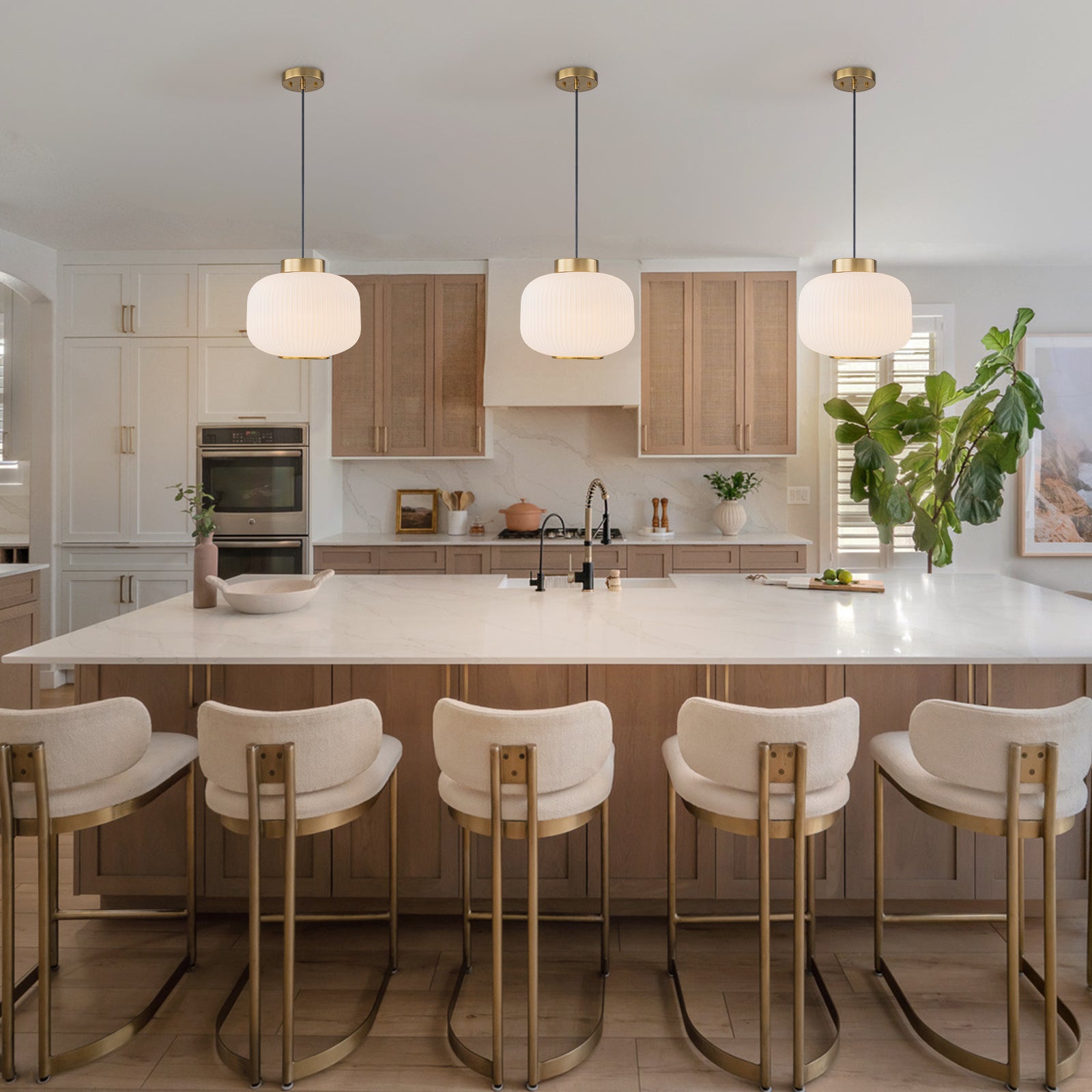 Glowlings Modern 1-Light Brushed Brass Fluted Frosted Glass Globe Pendant Light for Kitchen Island