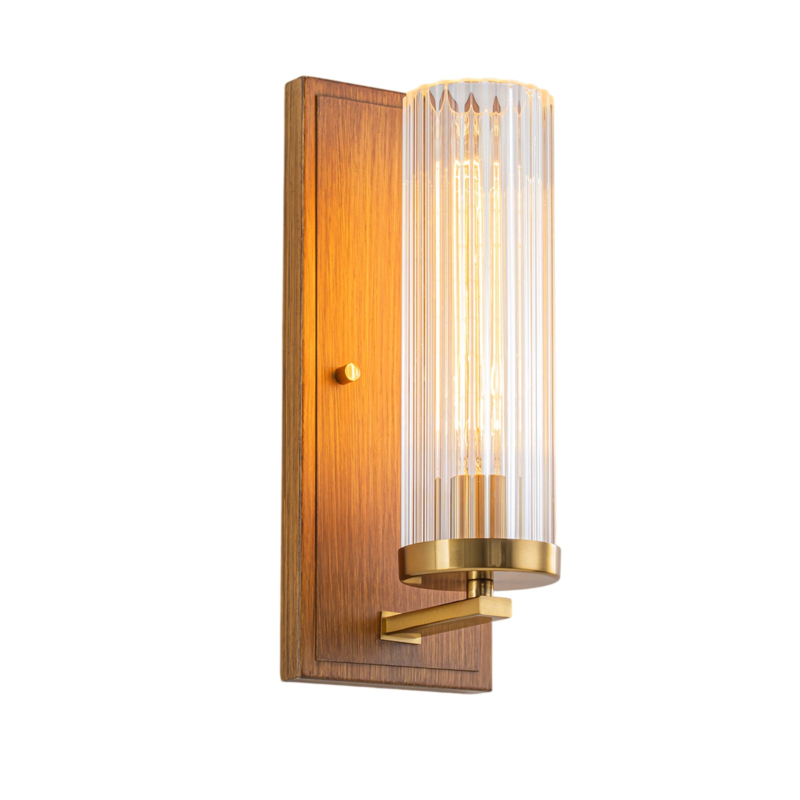 Glowlings 1-Light Brushed Gold Indoor Wood Wall Sconce with Cylinder Ribbed Fluted Glass Shade