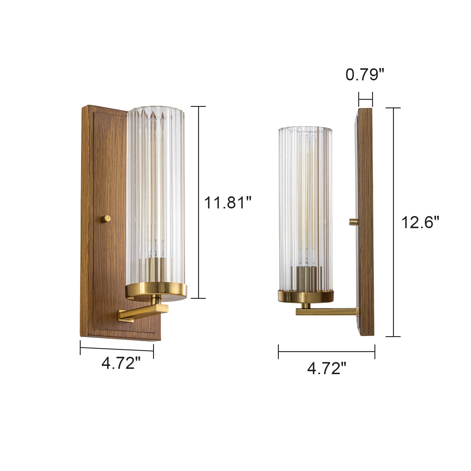 Glowlings 1-Light Brushed Gold Indoor Wood Wall Sconce with Cylinder Ribbed Fluted Glass Shade