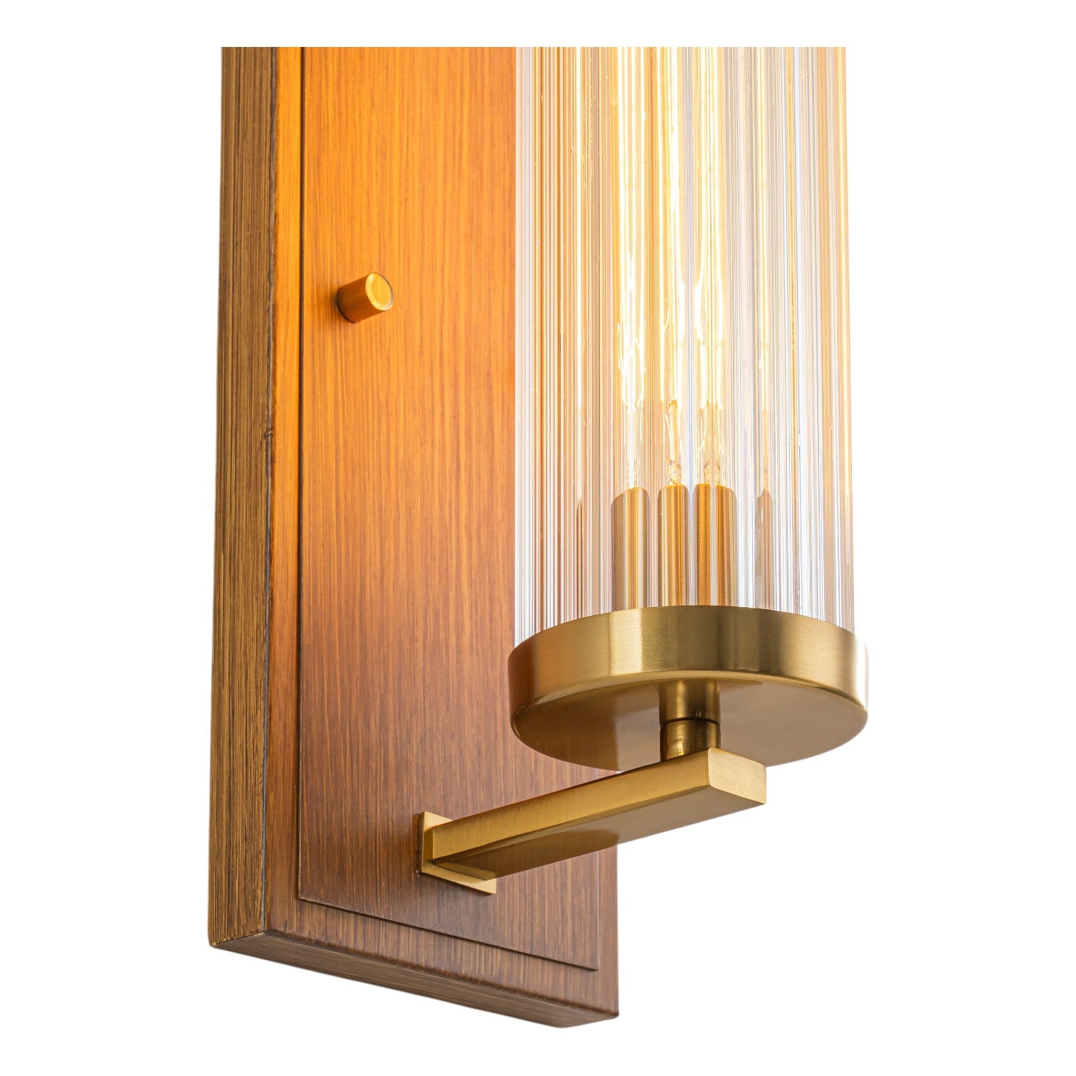 Glowlings 1-Light Brushed Gold Indoor Wood Wall Sconce with Cylinder Ribbed Fluted Glass Shade